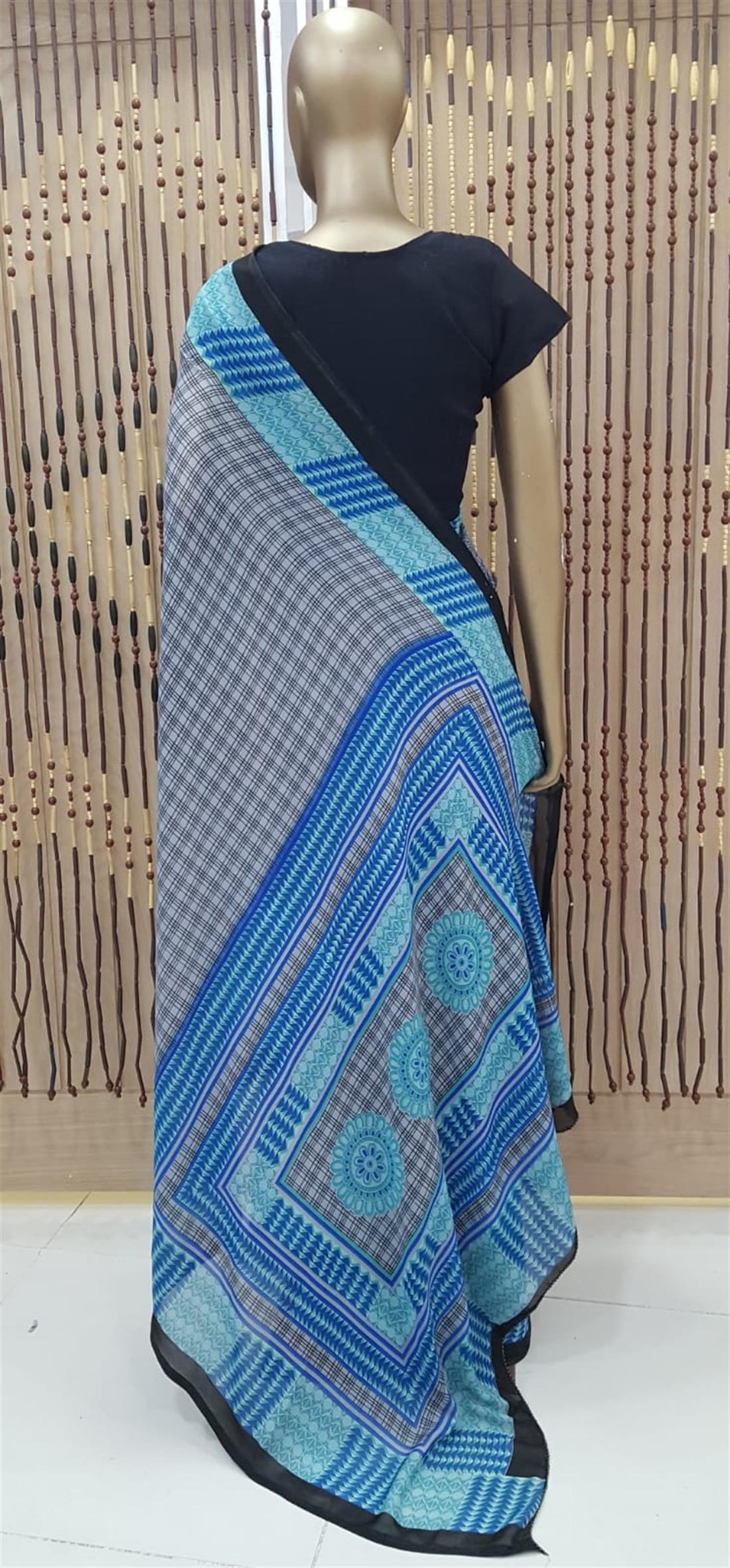 Grey & Blue Printed Georgette Sarees