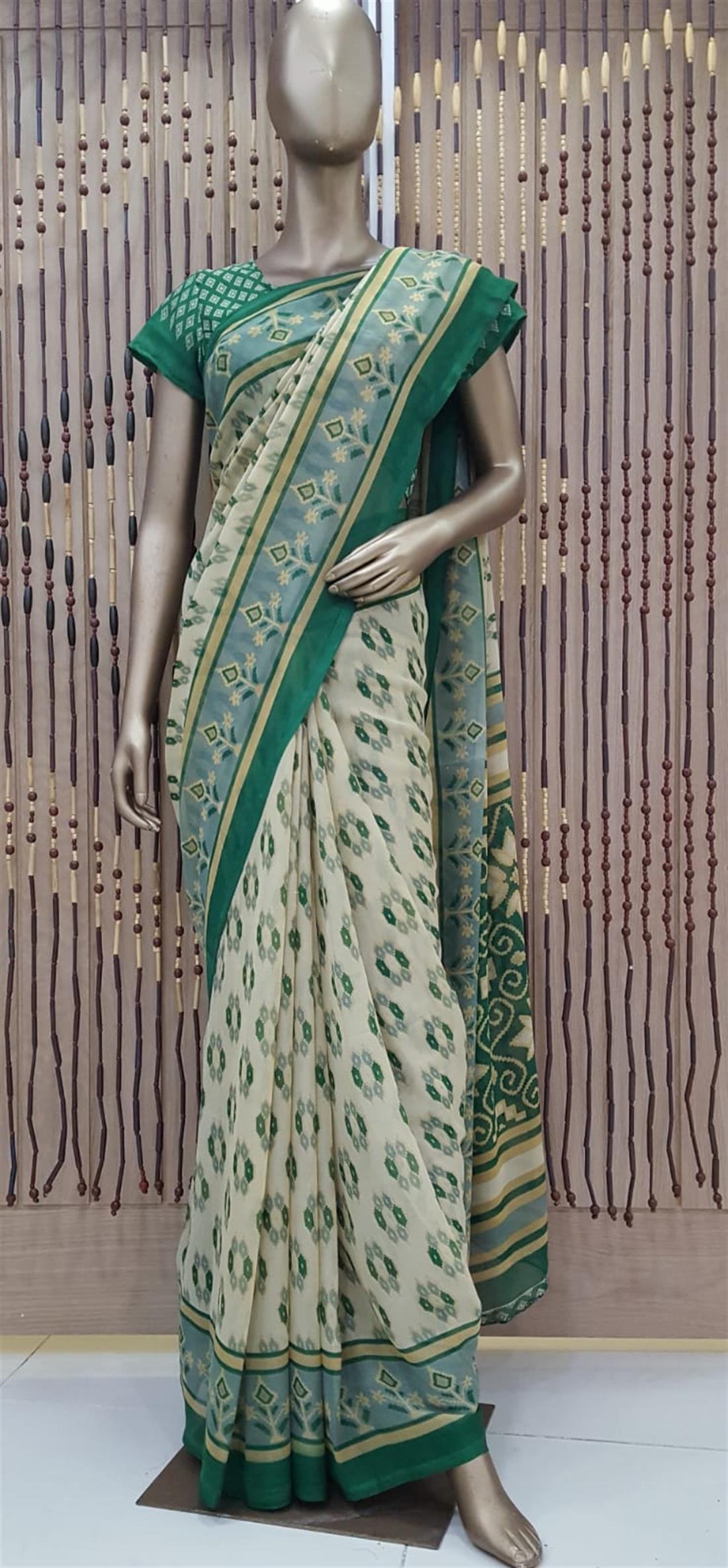 Beige & Green Printed Georgette Sarees