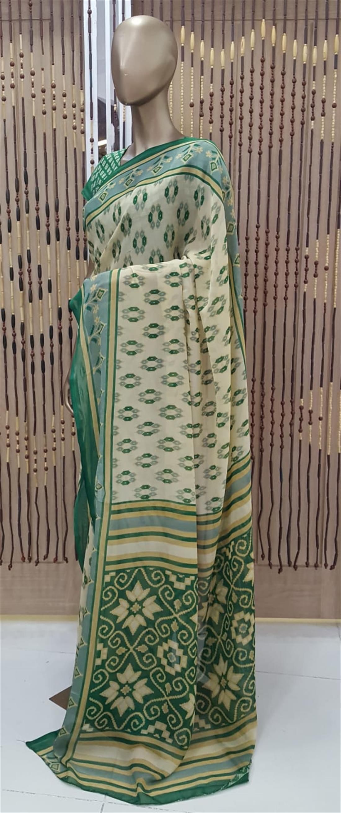 Beige & Green Printed Georgette Sarees