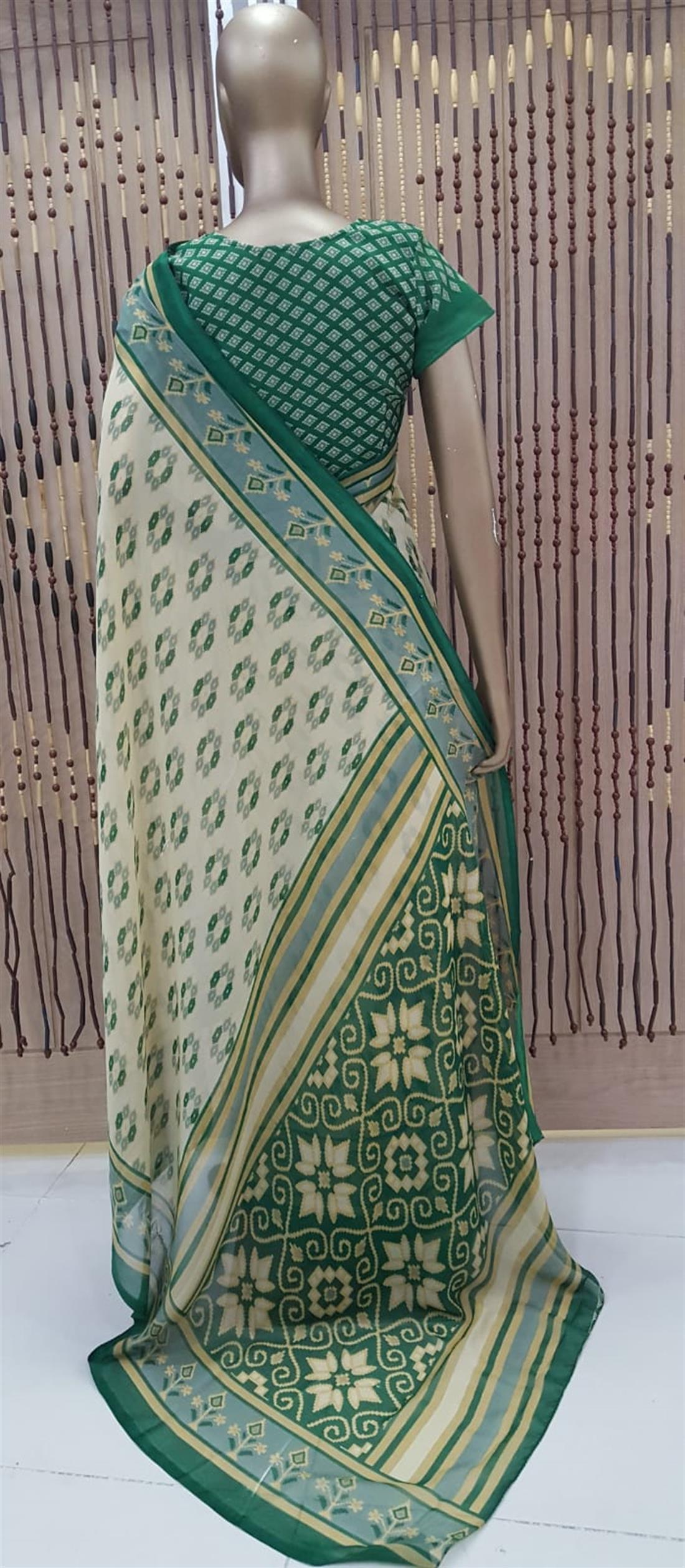 Beige & Green Printed Georgette Sarees