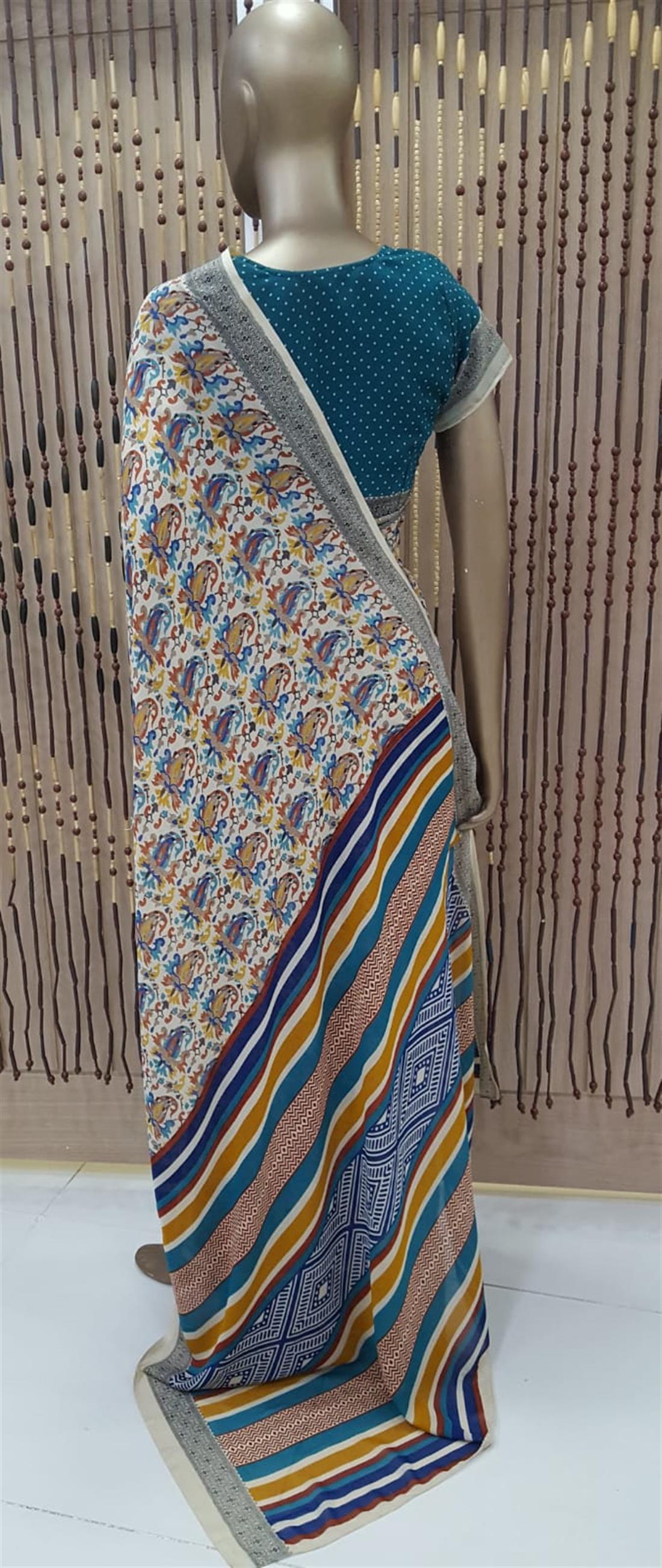 Cream & Teal Printed Georgette Sarees
