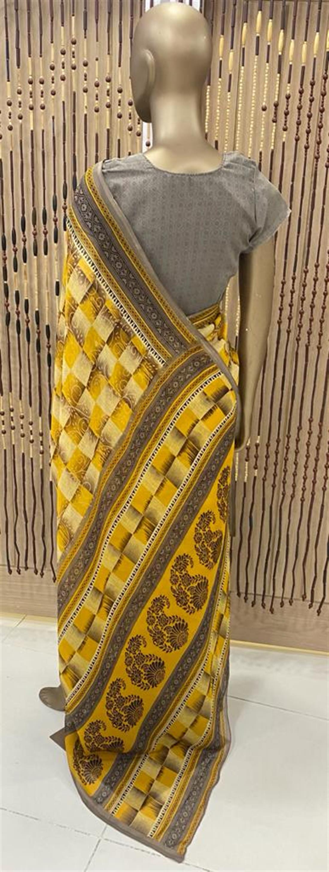 Yellow & Brown Printed Georgette Sarees