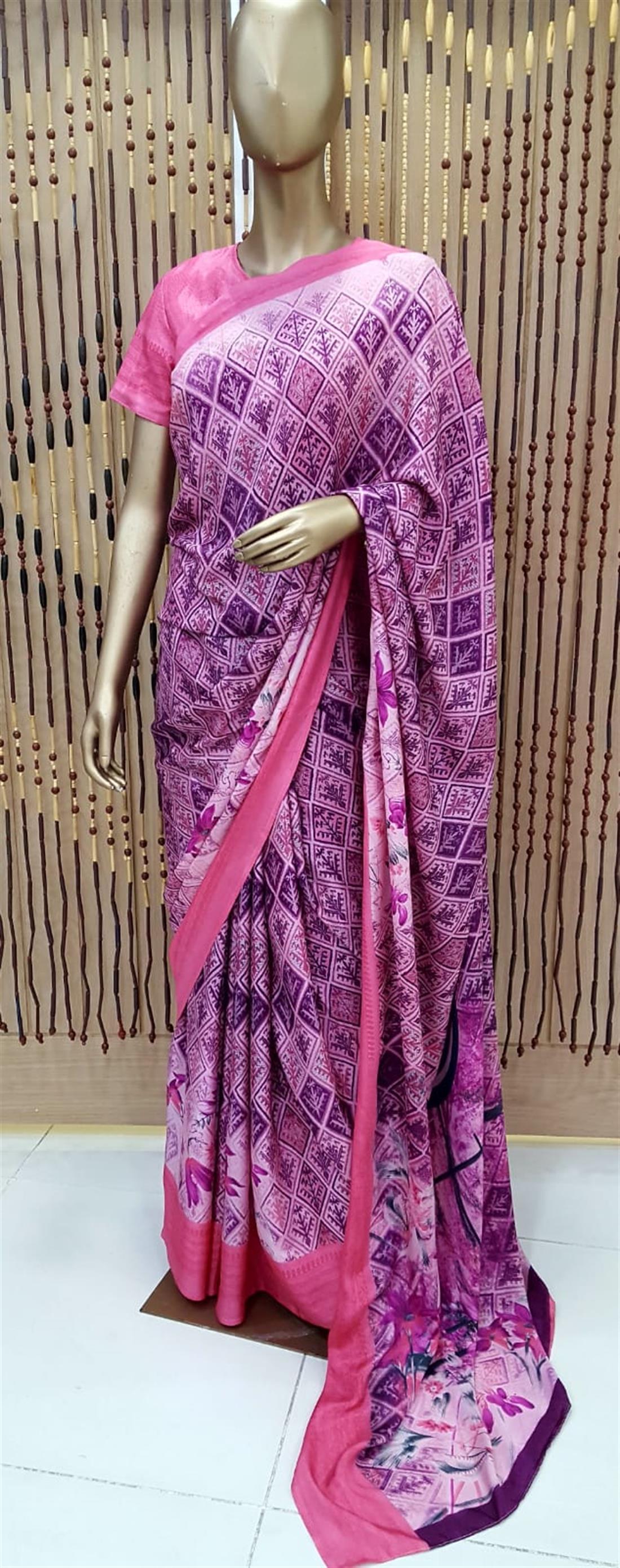 Pink Digital Print Silk Sarees