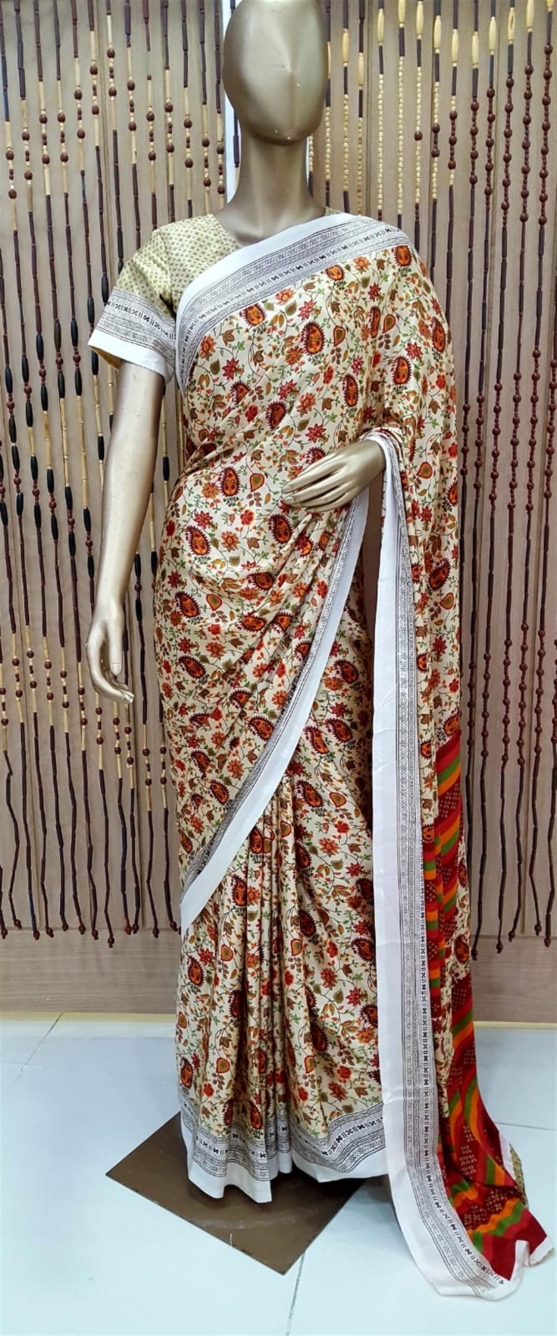 Beige & RED Digital Print Silk Sarees