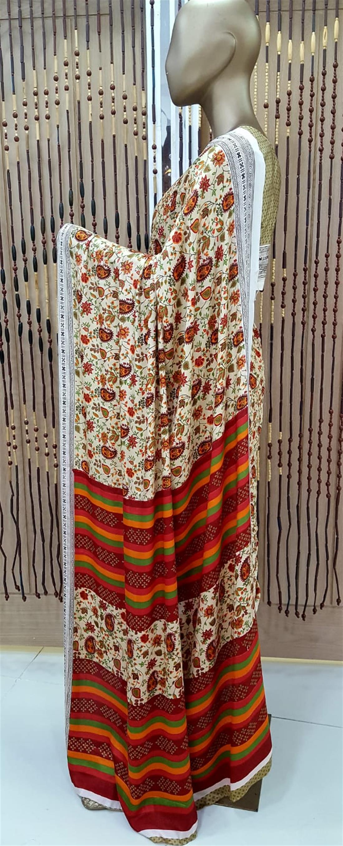 Beige & RED Digital Print Silk Sarees