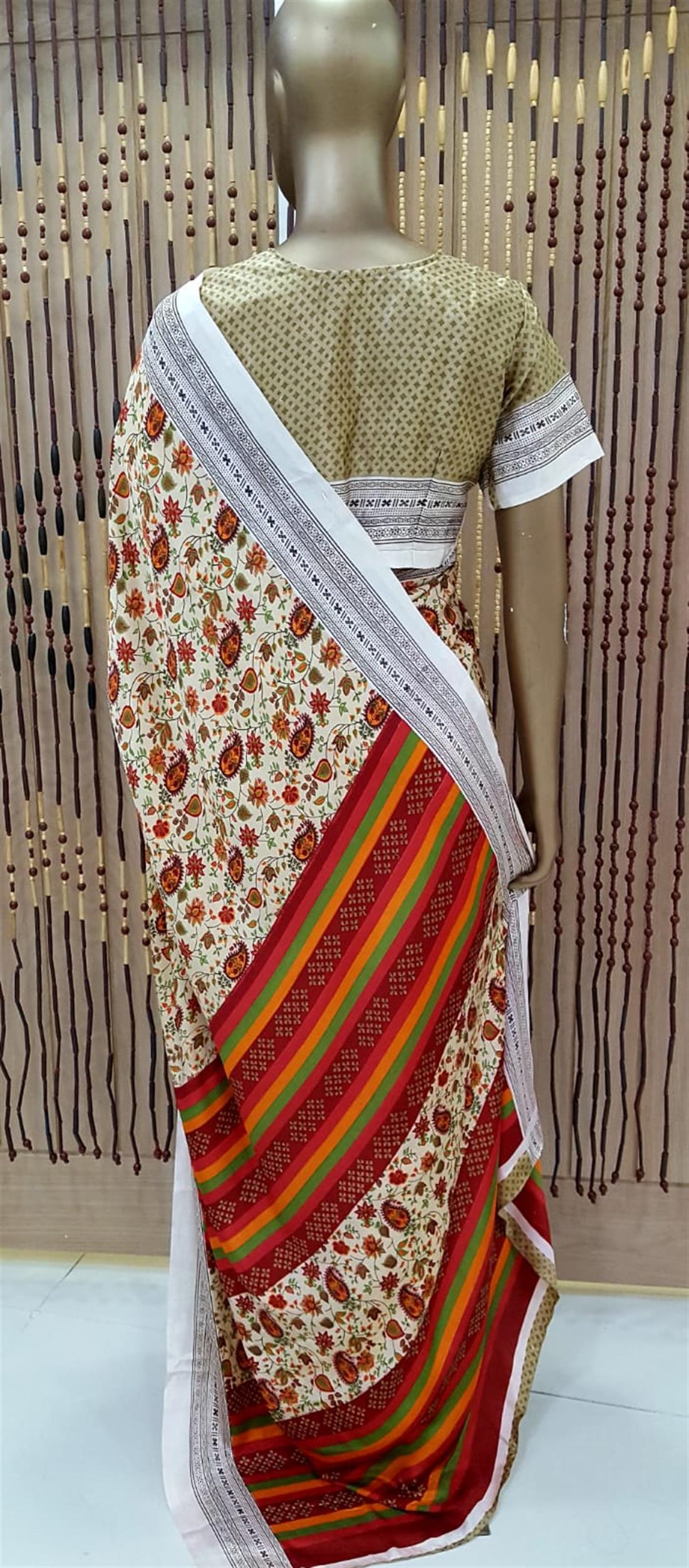 Beige & RED Digital Print Silk Sarees
