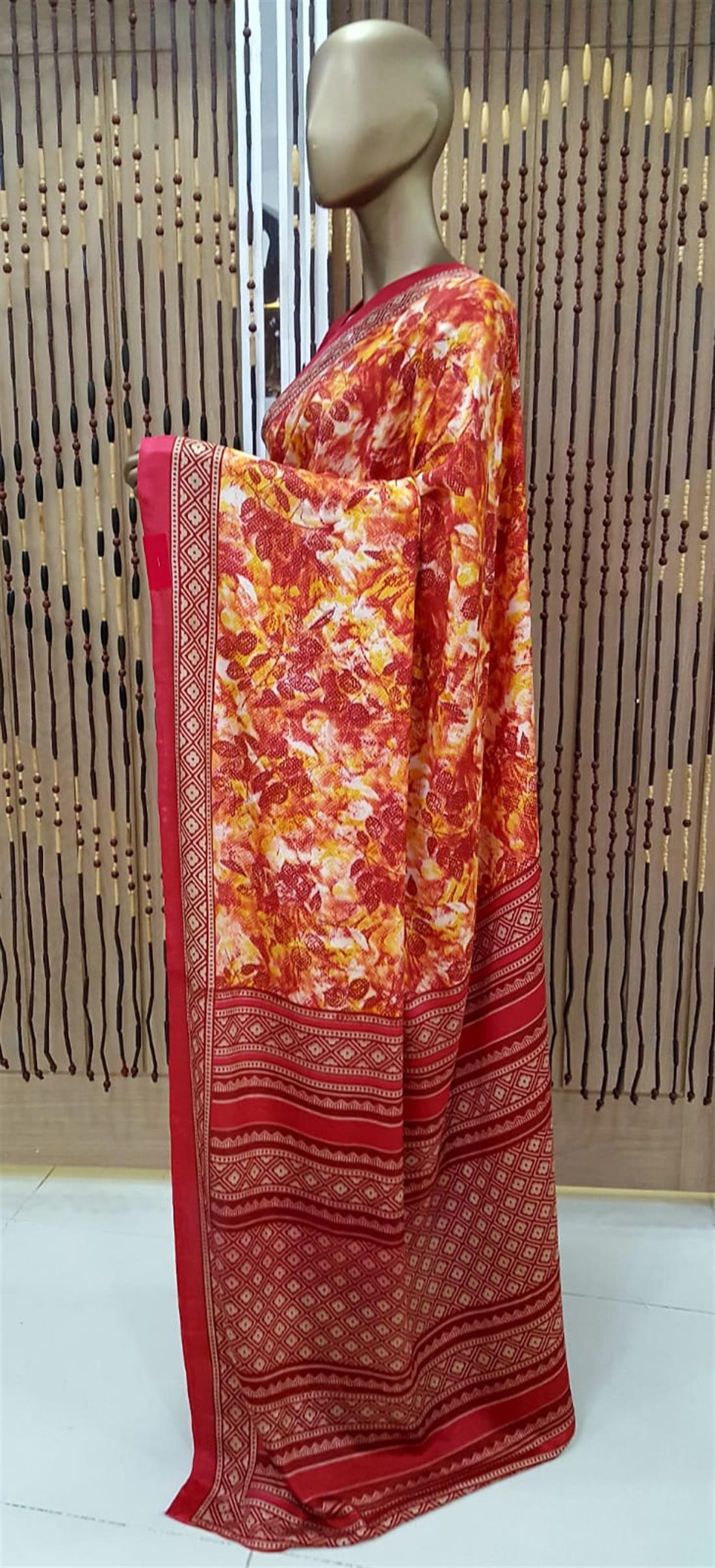 Red Digital Print Silk Sarees