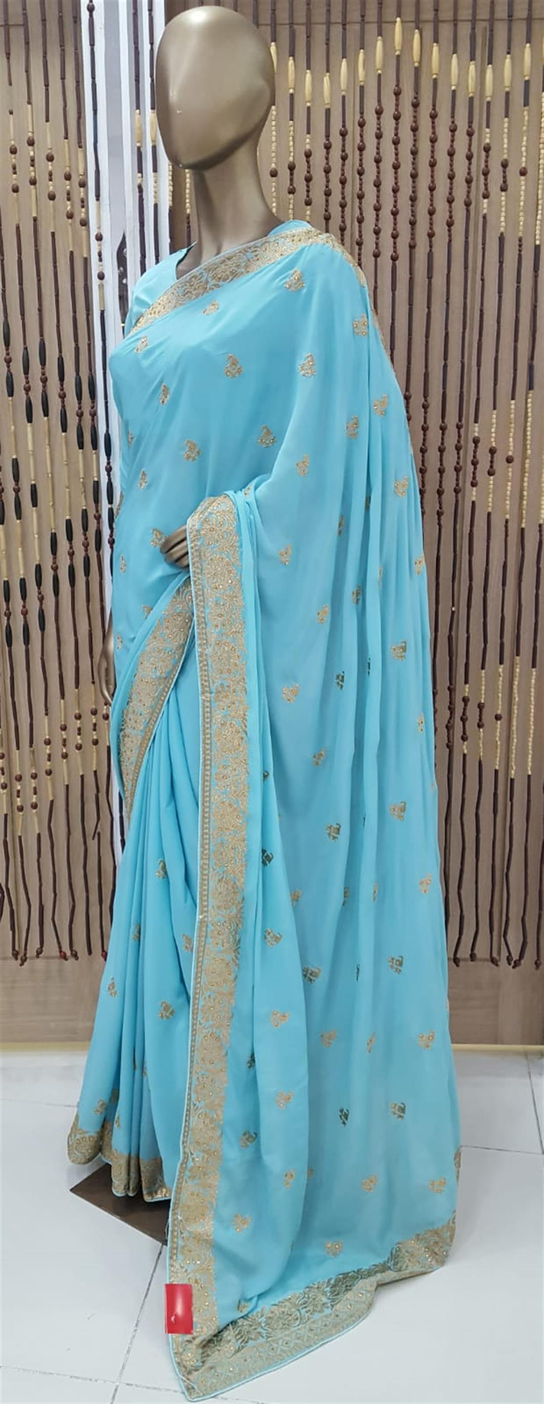 Powder Blue Stone Work Crepe Sarees