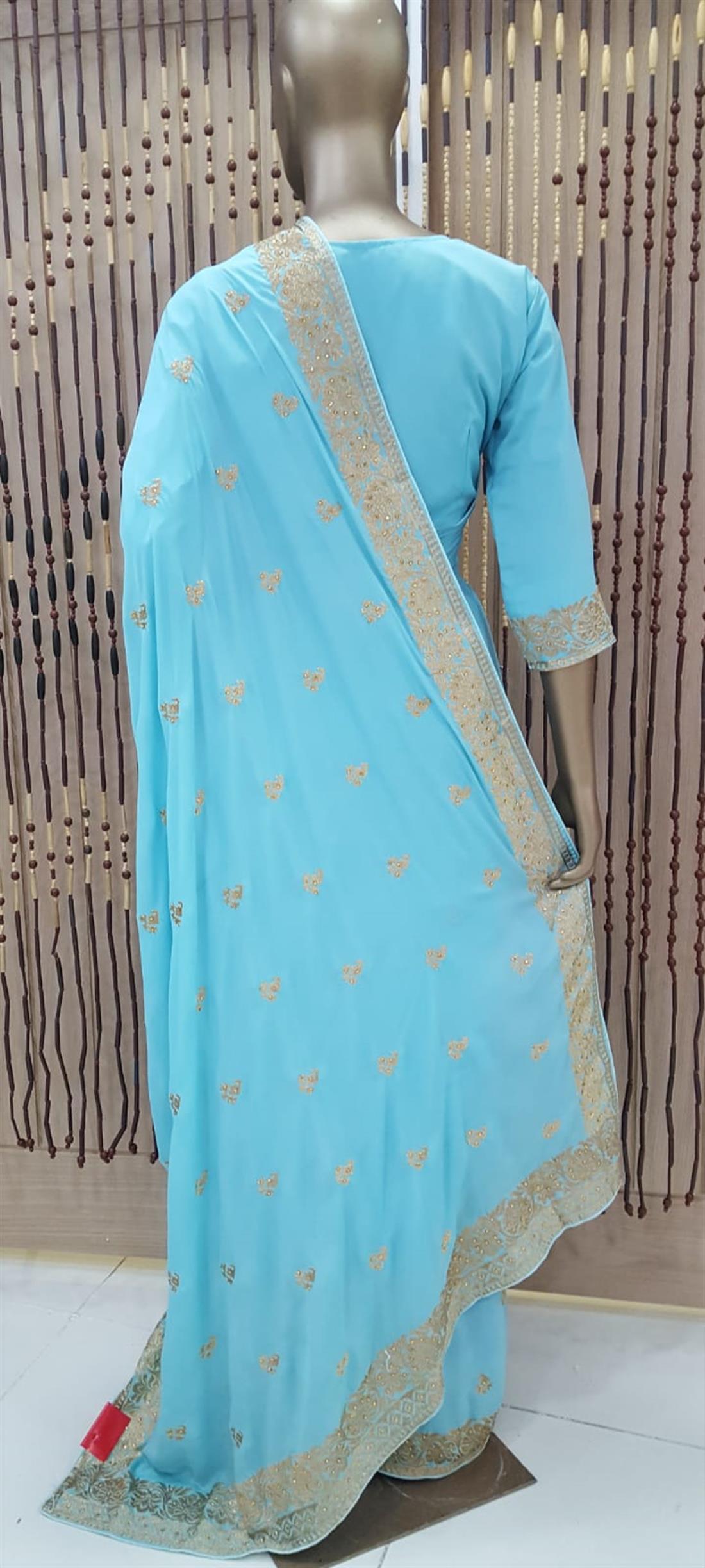 Powder Blue Stone Work Crepe Sarees