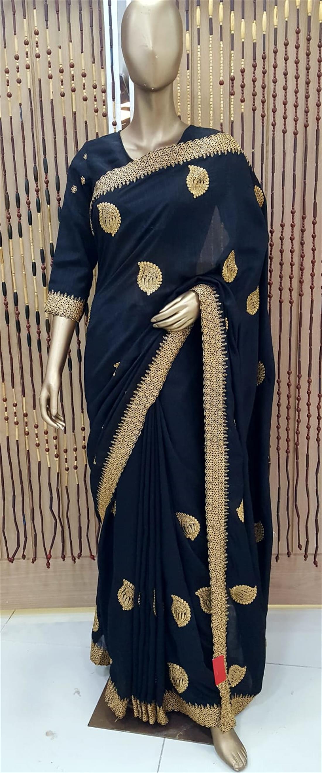 Black Embroidered Raw Silk Sarees
