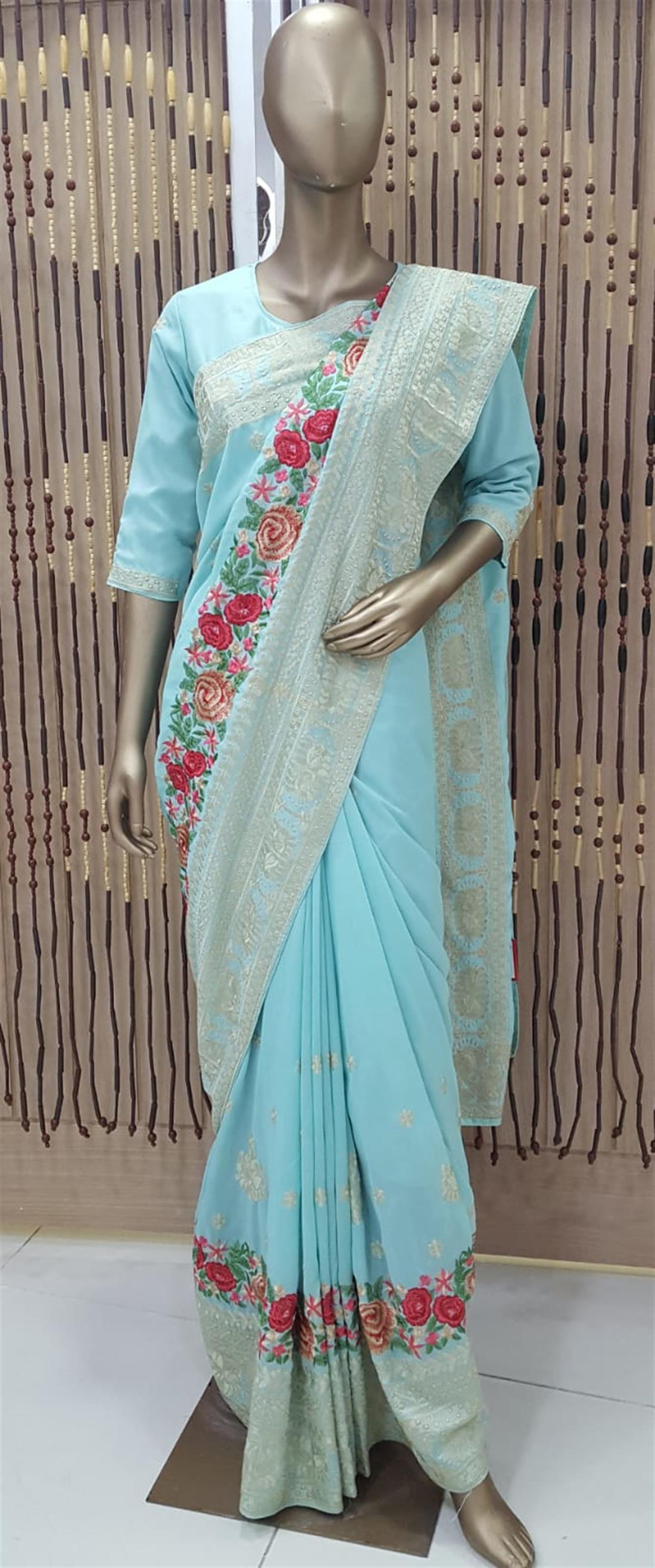 Mint Embroidered Raw Silk Sarees