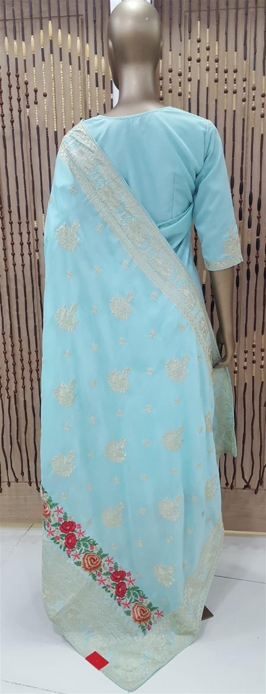 Mint Embroidered Raw Silk Sarees