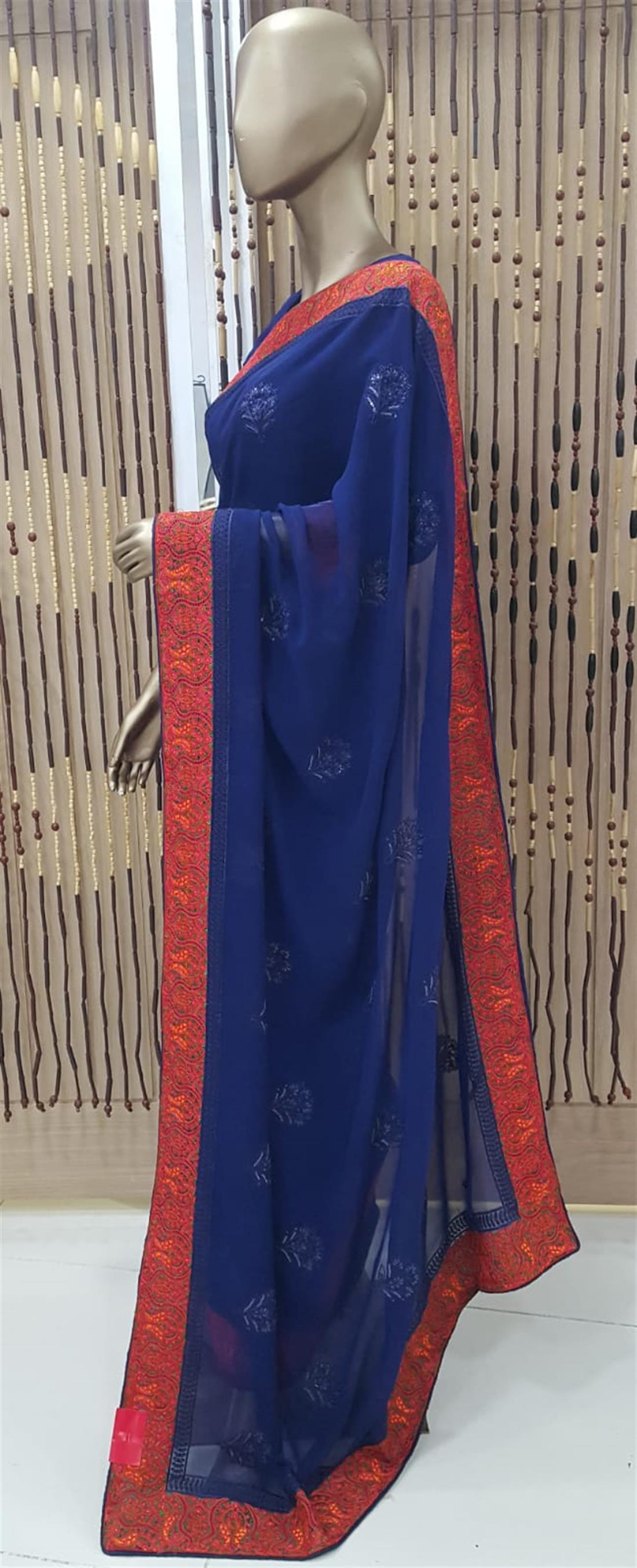 Navy Georgette Saree with Thread Work Embroidary Border