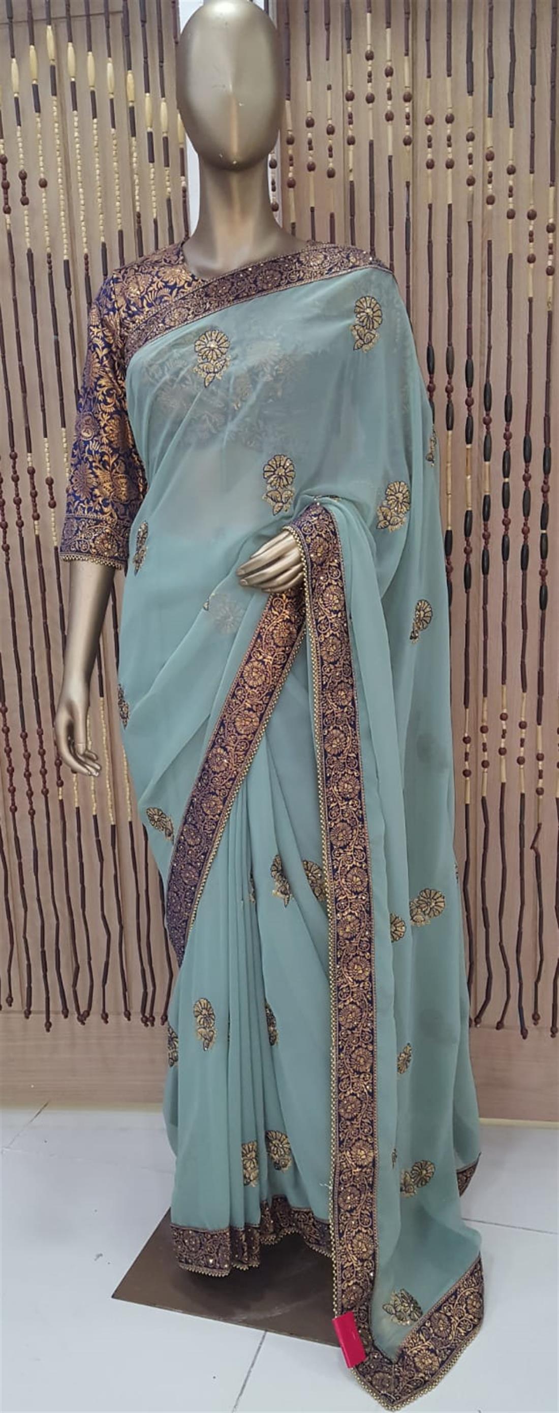 Mint Beaded Georgette Sarees