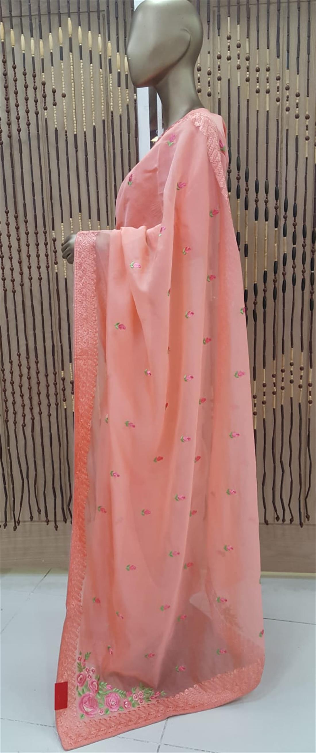 Peach Tissue Organza Thread Work Embroidary Saree