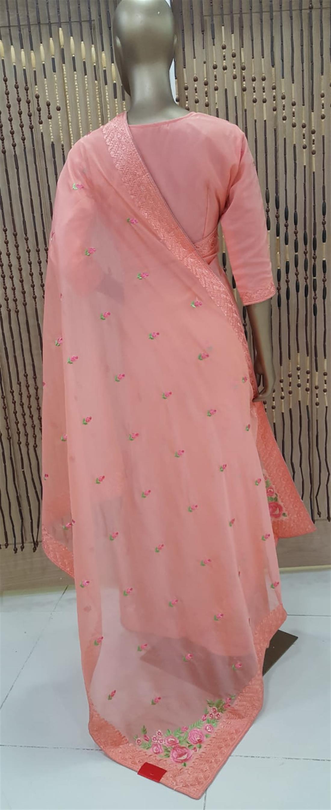 Peach Tissue Organza Thread Work Embroidary Saree