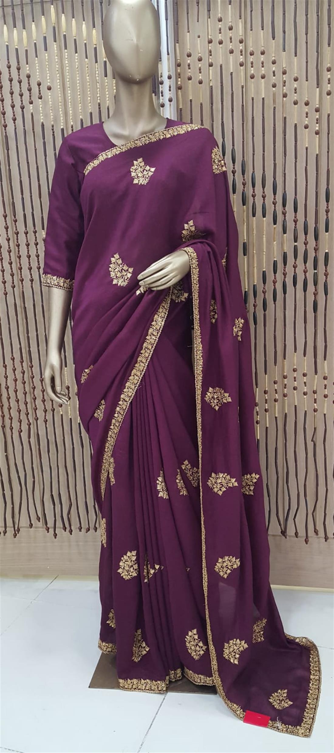 Plum Beaded Silk Sarees