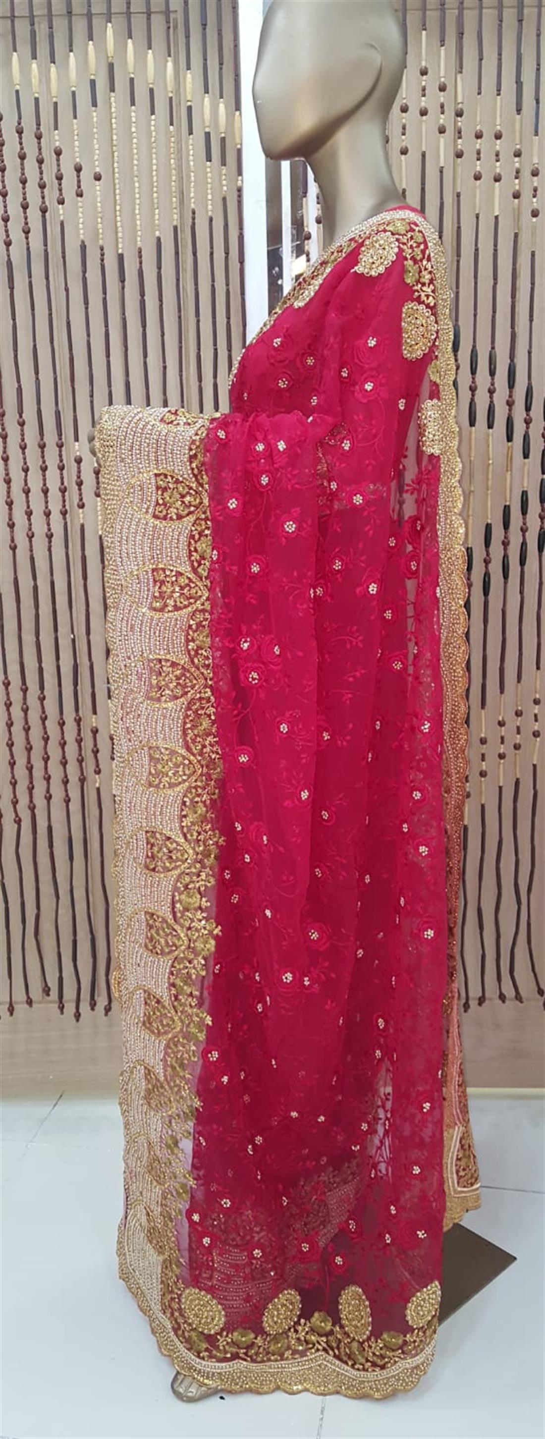Red Net Saree with Beads Thread Work and Pearls Border