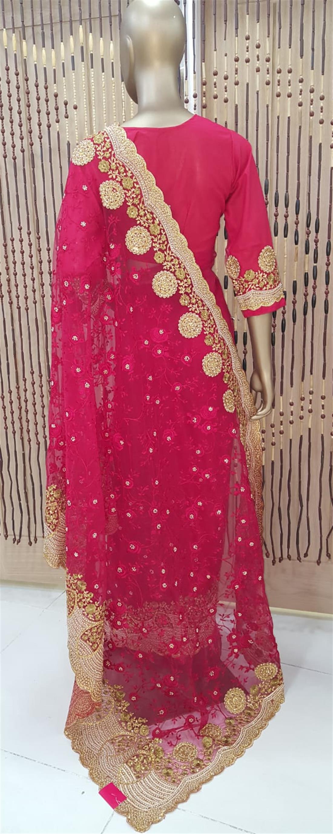 Red Net Saree with Beads Thread Work and Pearls Border
