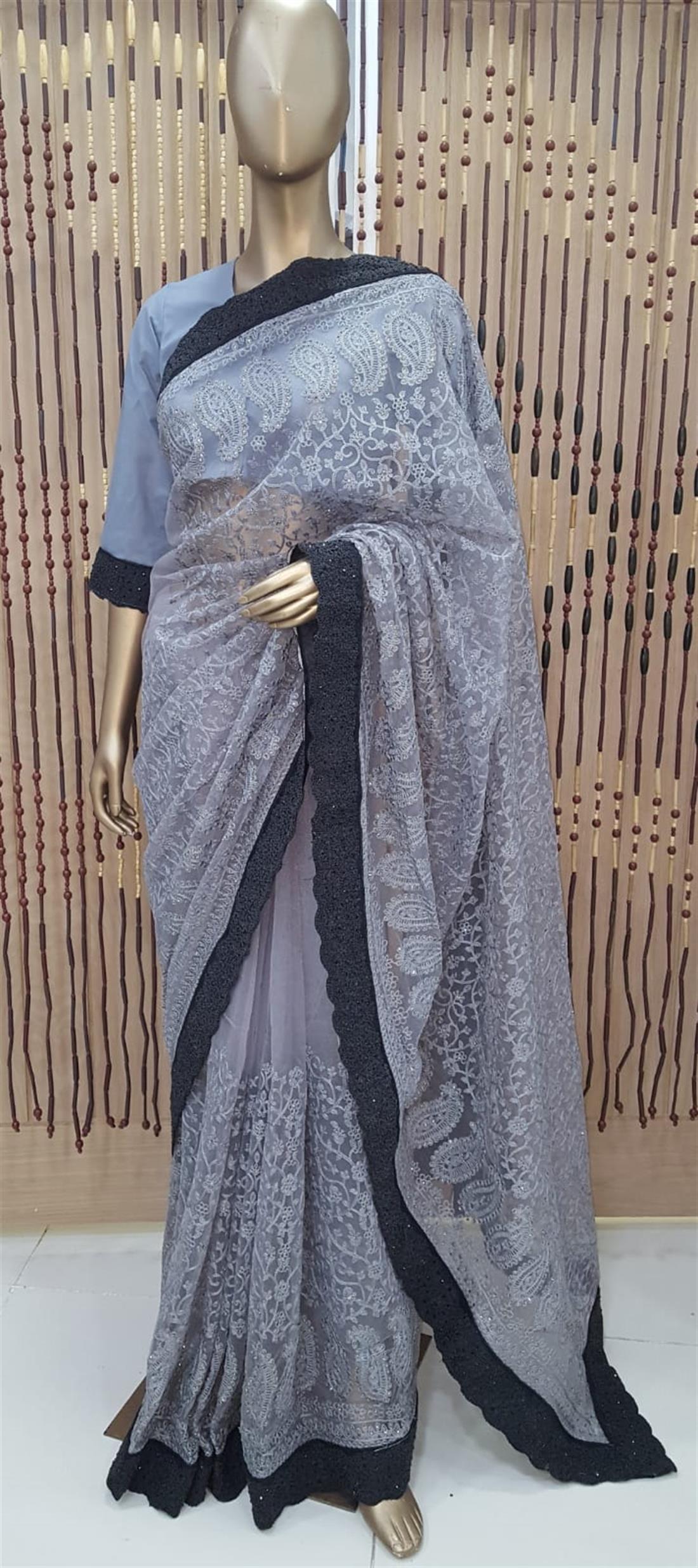 Grey Net Saree with Beads and Thread Work Embroidary
