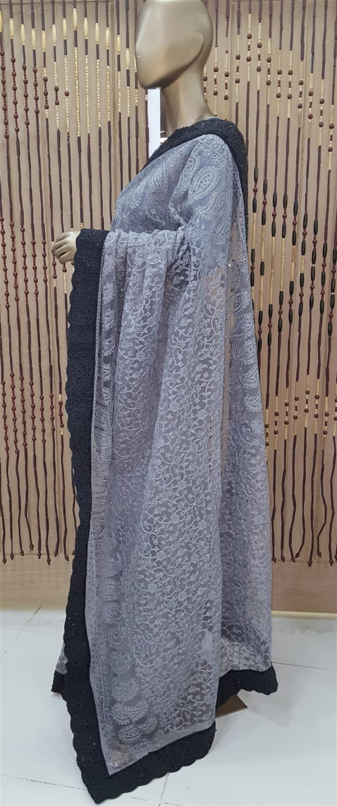 Grey Net Saree with Beads and Thread Work Embroidary