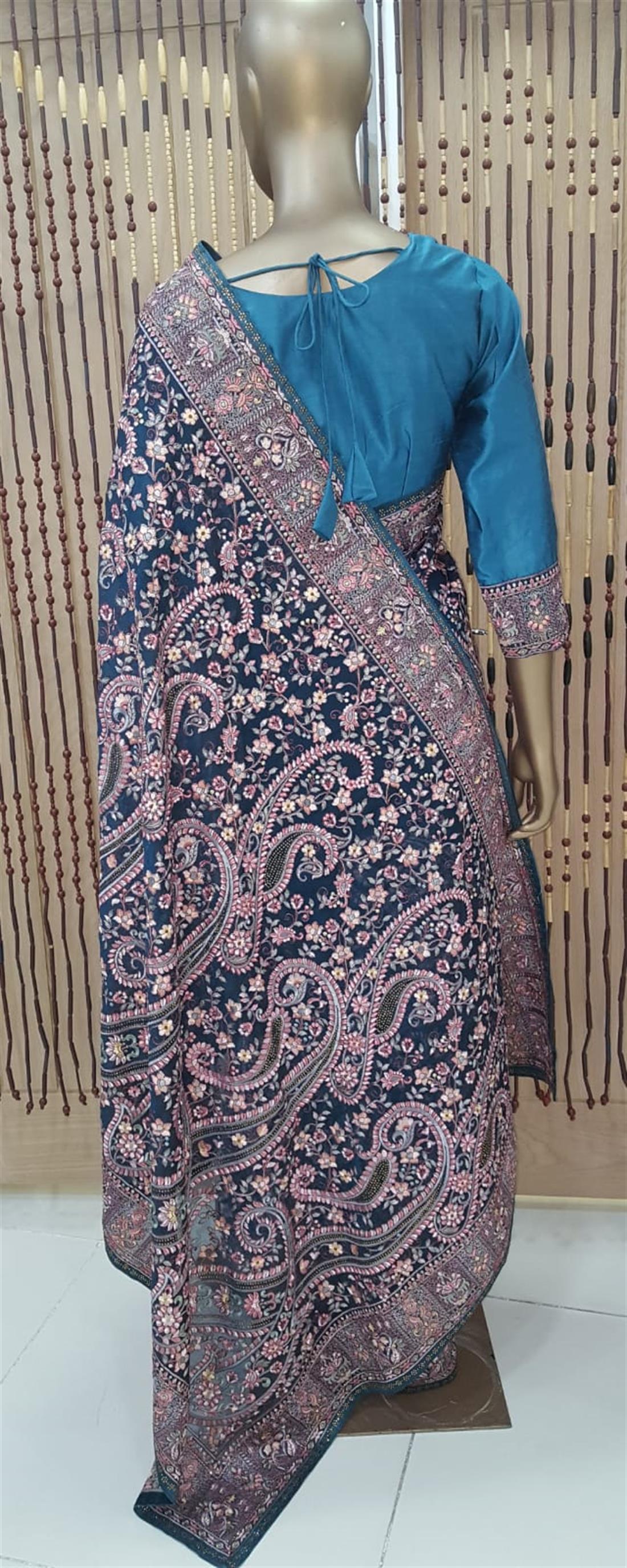 Teal Beaded Chiffon Sarees