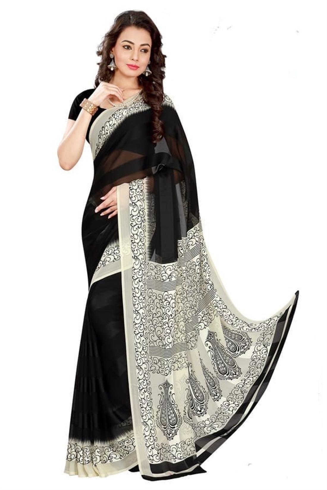 Black and White Printed Chiffon Sarees