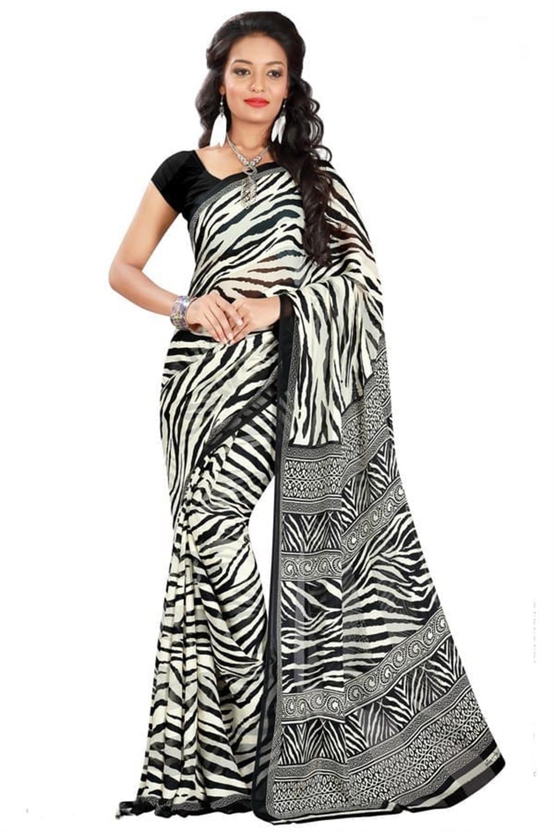 Black and White Printed Chiffon Sarees