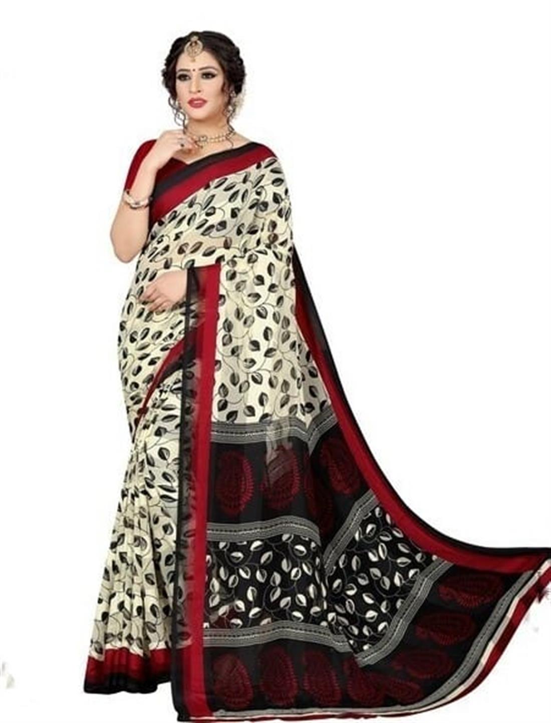 Cream & Black Printed Chiffon Sarees
