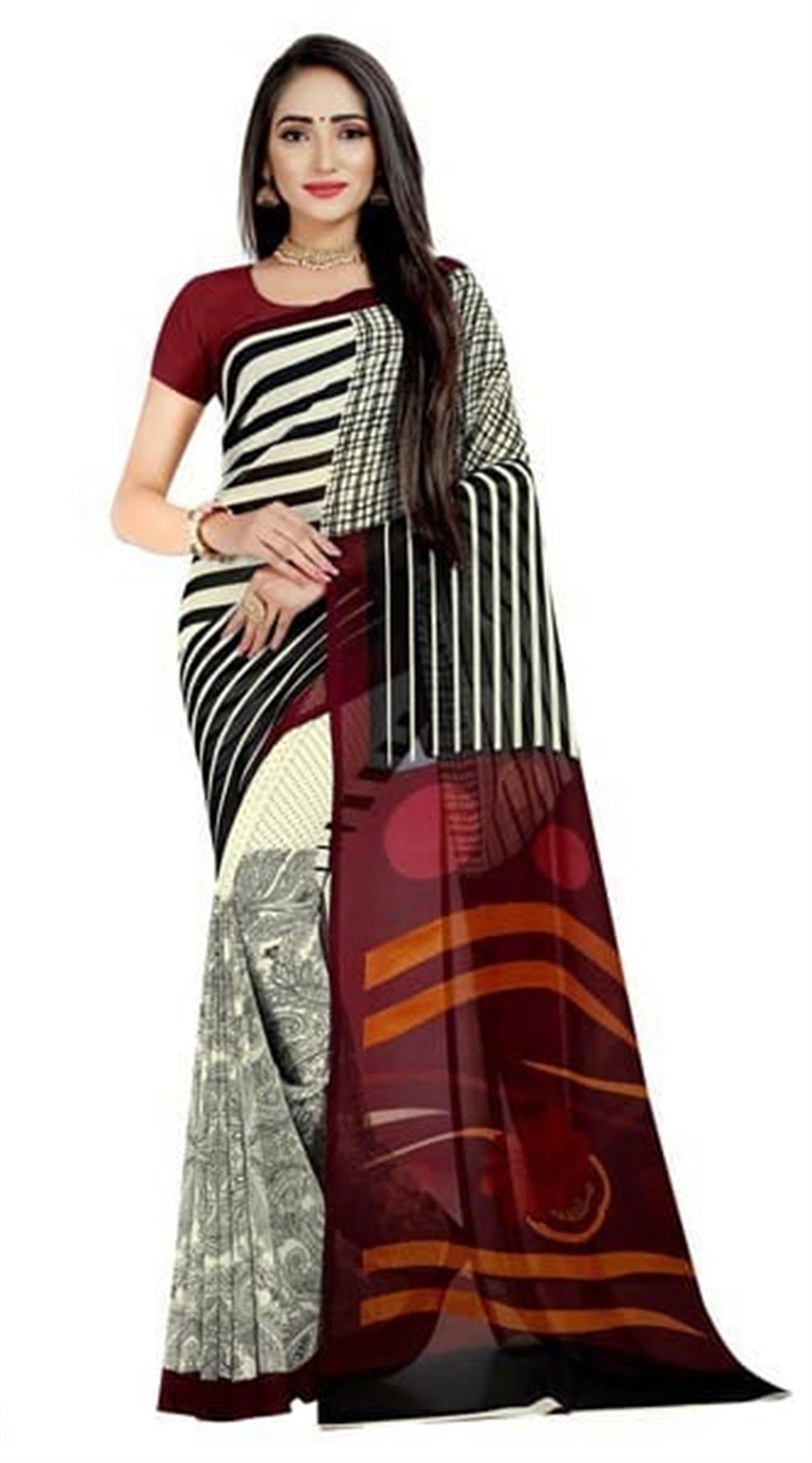 Cream & Maroon Printed Georgette Sarees