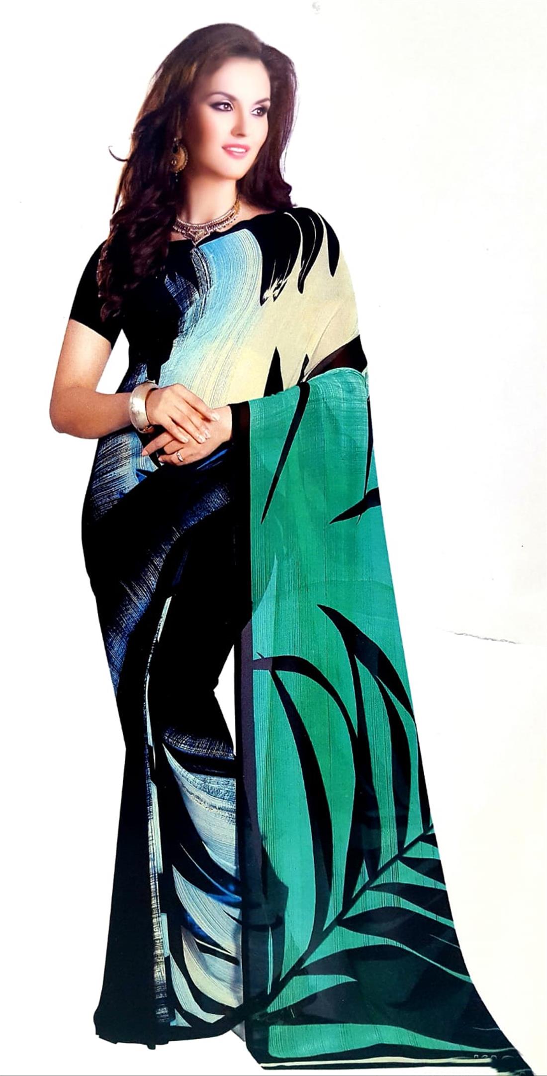 Black & Teal Printed Georgette Sarees