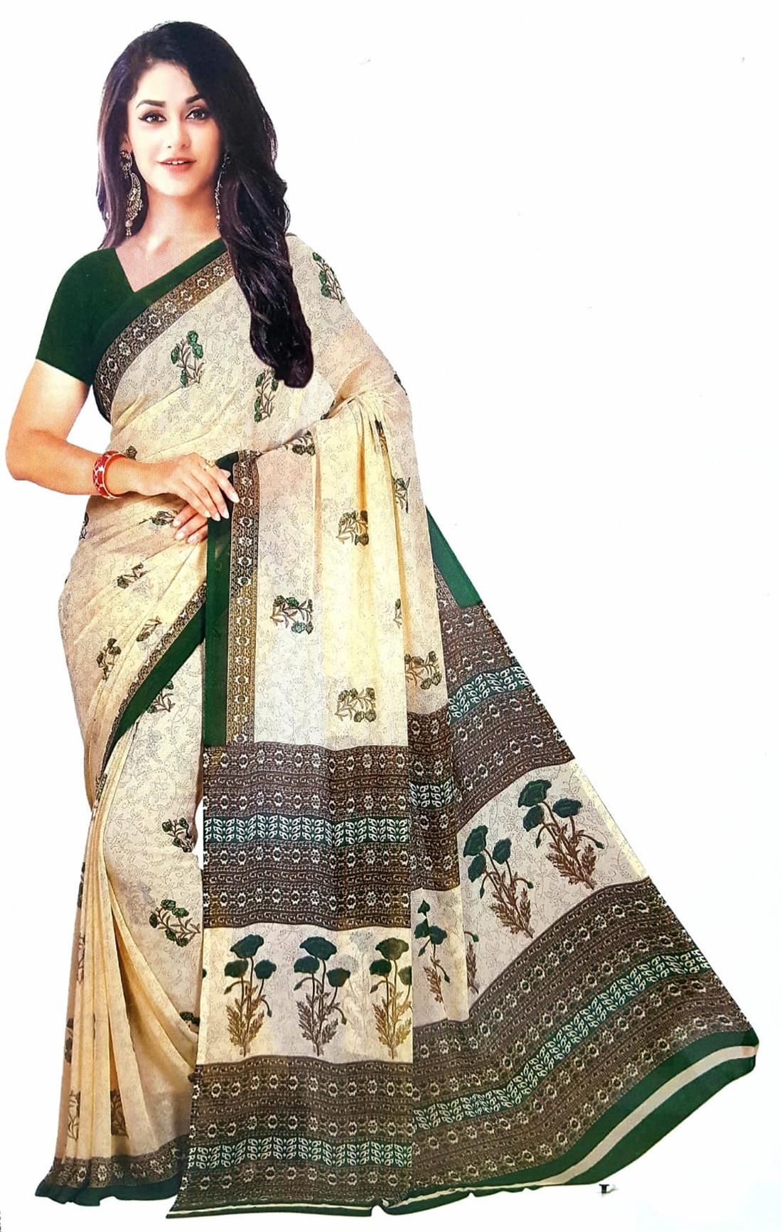 Cream & Green Printed Georgette Sarees