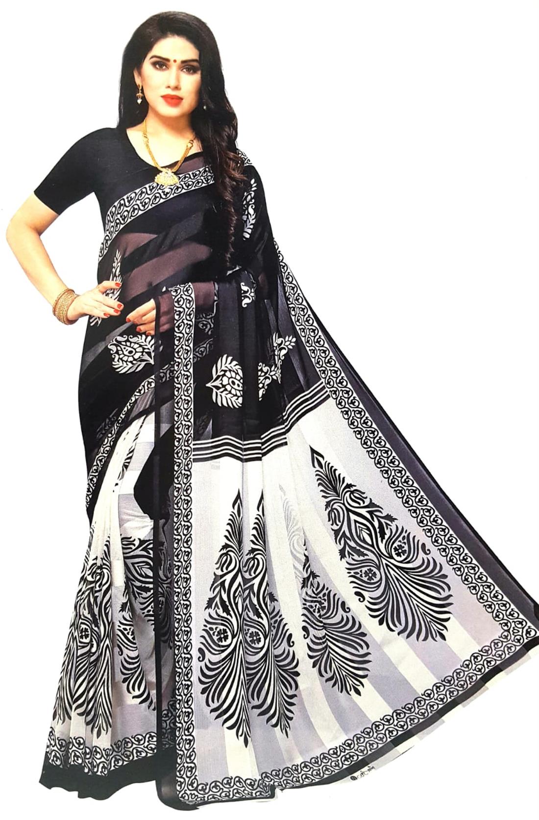 Black & White Printed Chiffon Sarees