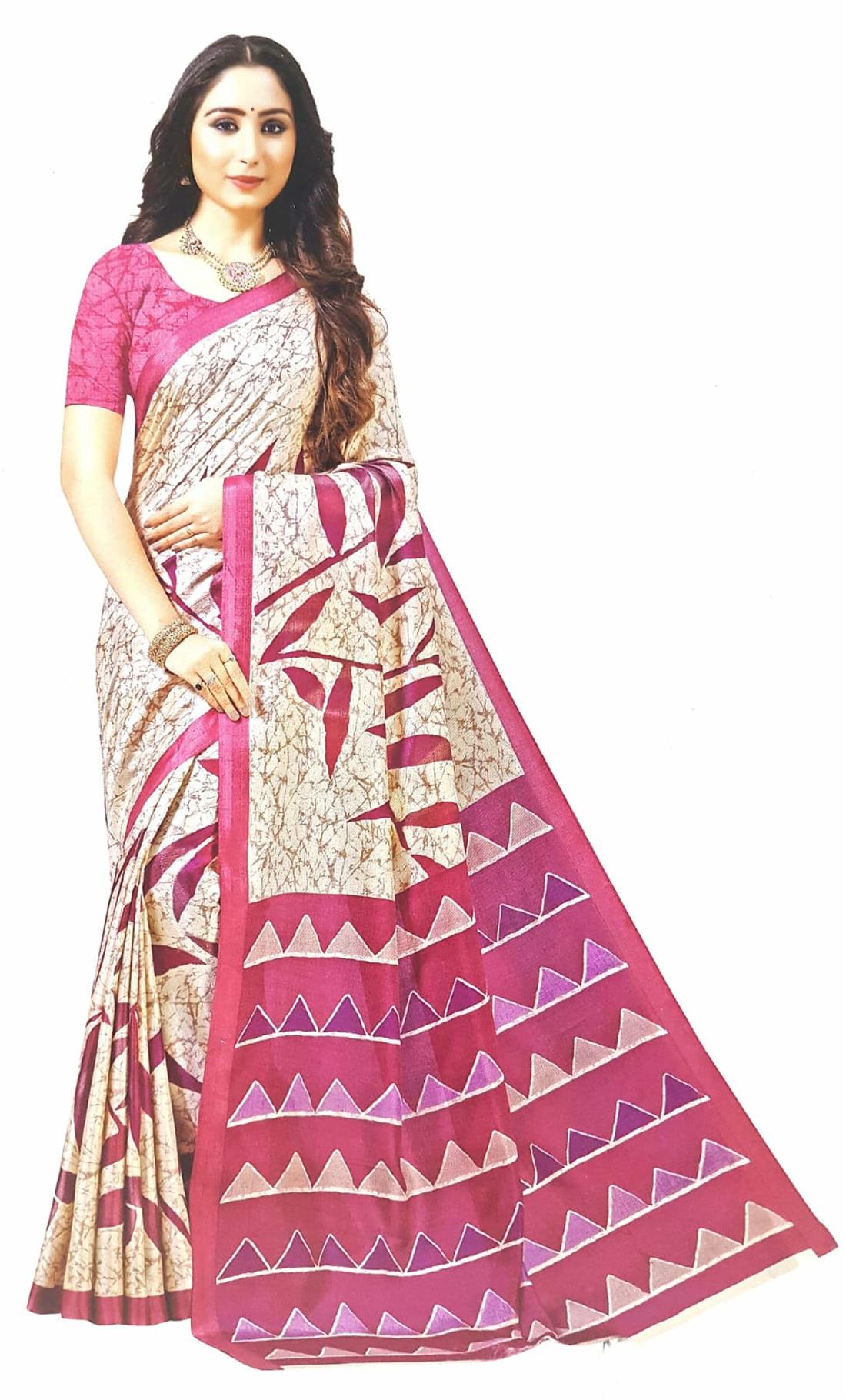 Beige & Pink Digital Print Silk Sarees