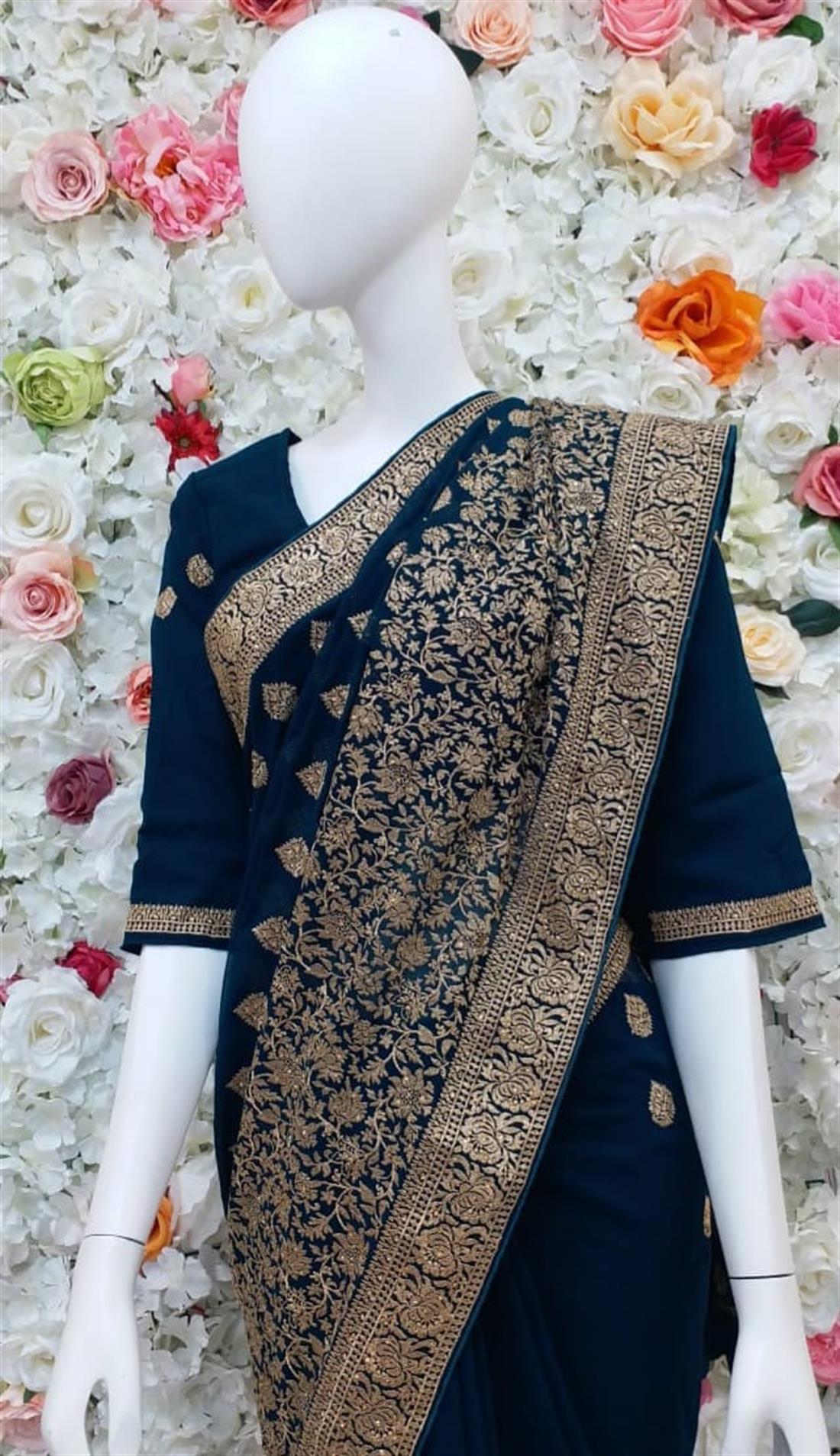 Dark Teal Zari Georgette Sarees