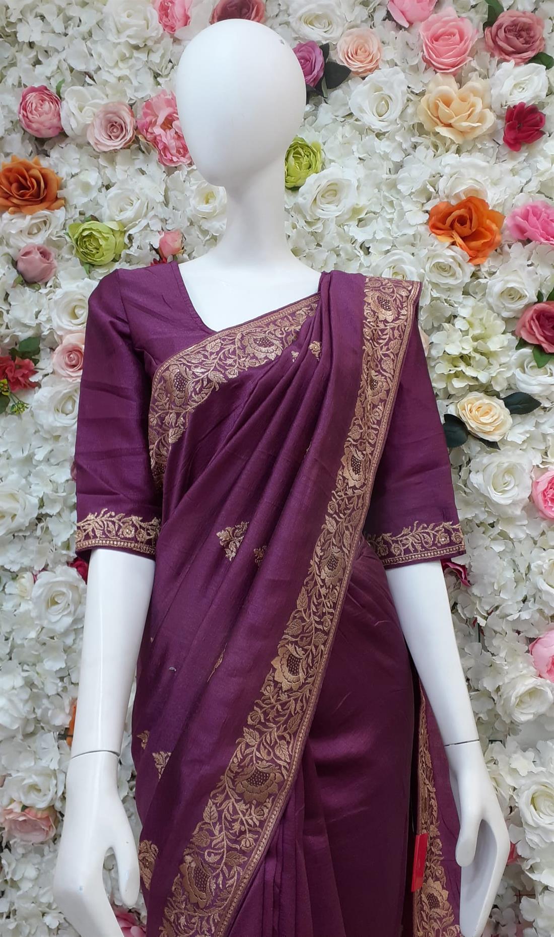 Majenta Art Dupion Silk Saree with Kasab and Bid Work Embroidary