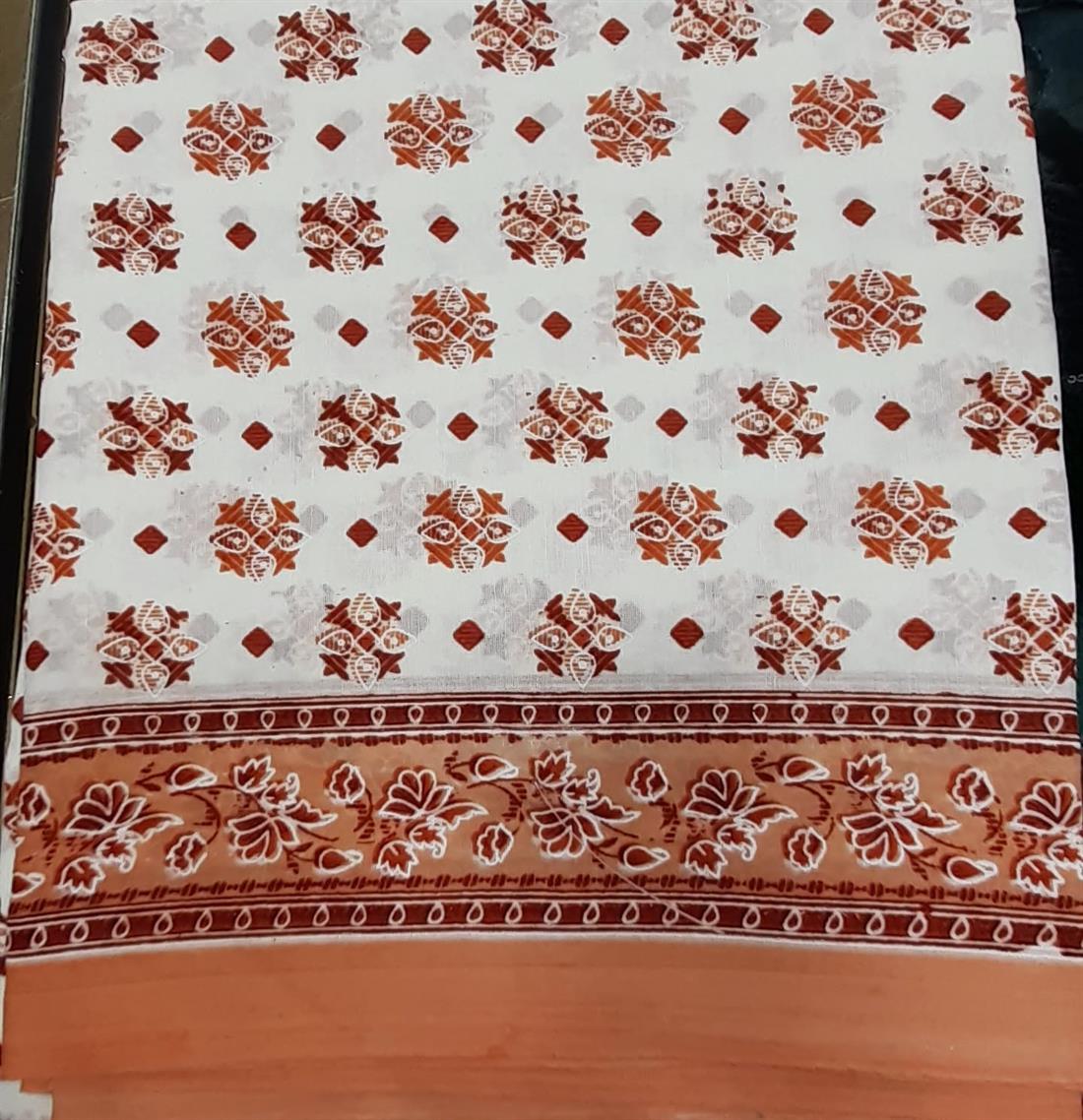 White & Orange Assorted Printed Saree. 5.5 Yard.