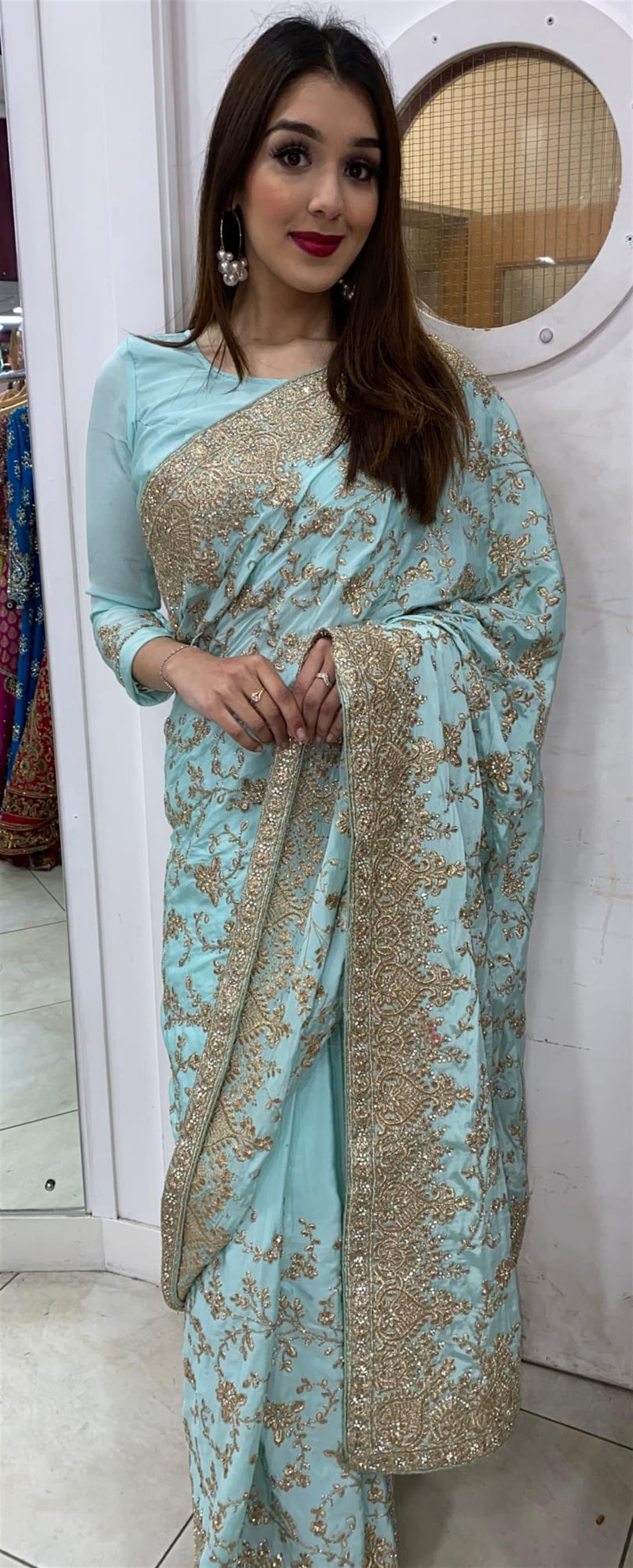 Powder Blue Beautiful Silk ,zari and Tilla Fine Work Embroidary Saree
