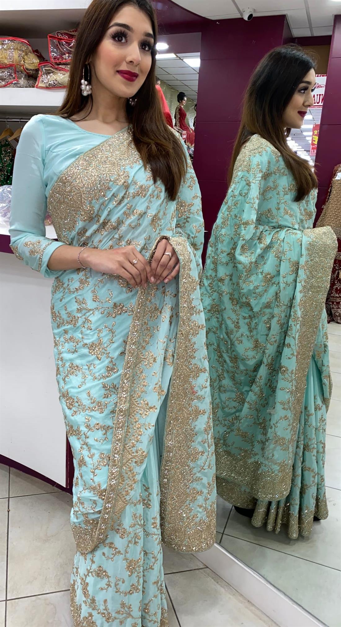 Powder Blue Beautiful Silk ,zari and Tilla Fine Work Embroidary Saree