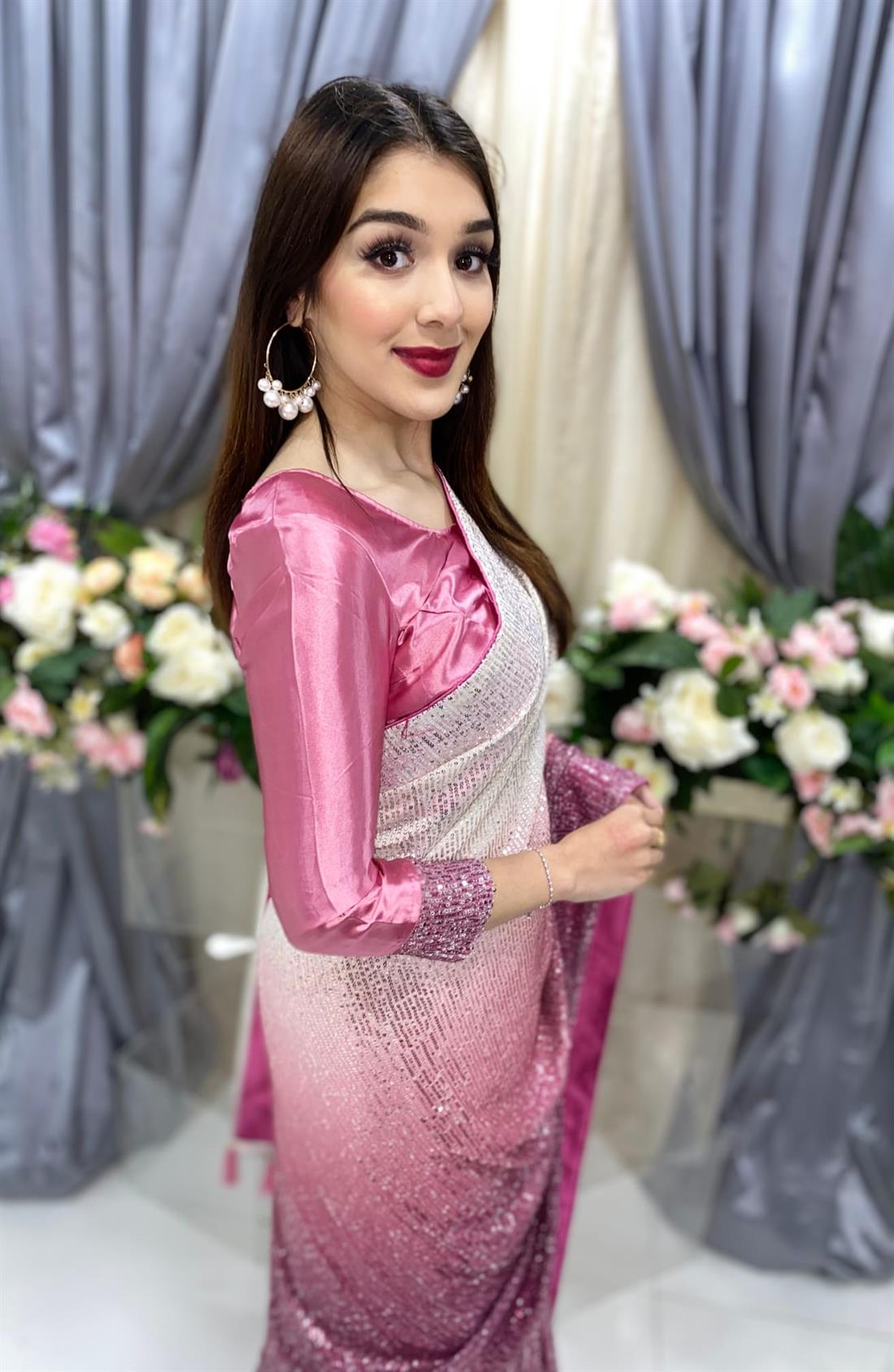 Dusty Pink & Offwhite Net Sarees