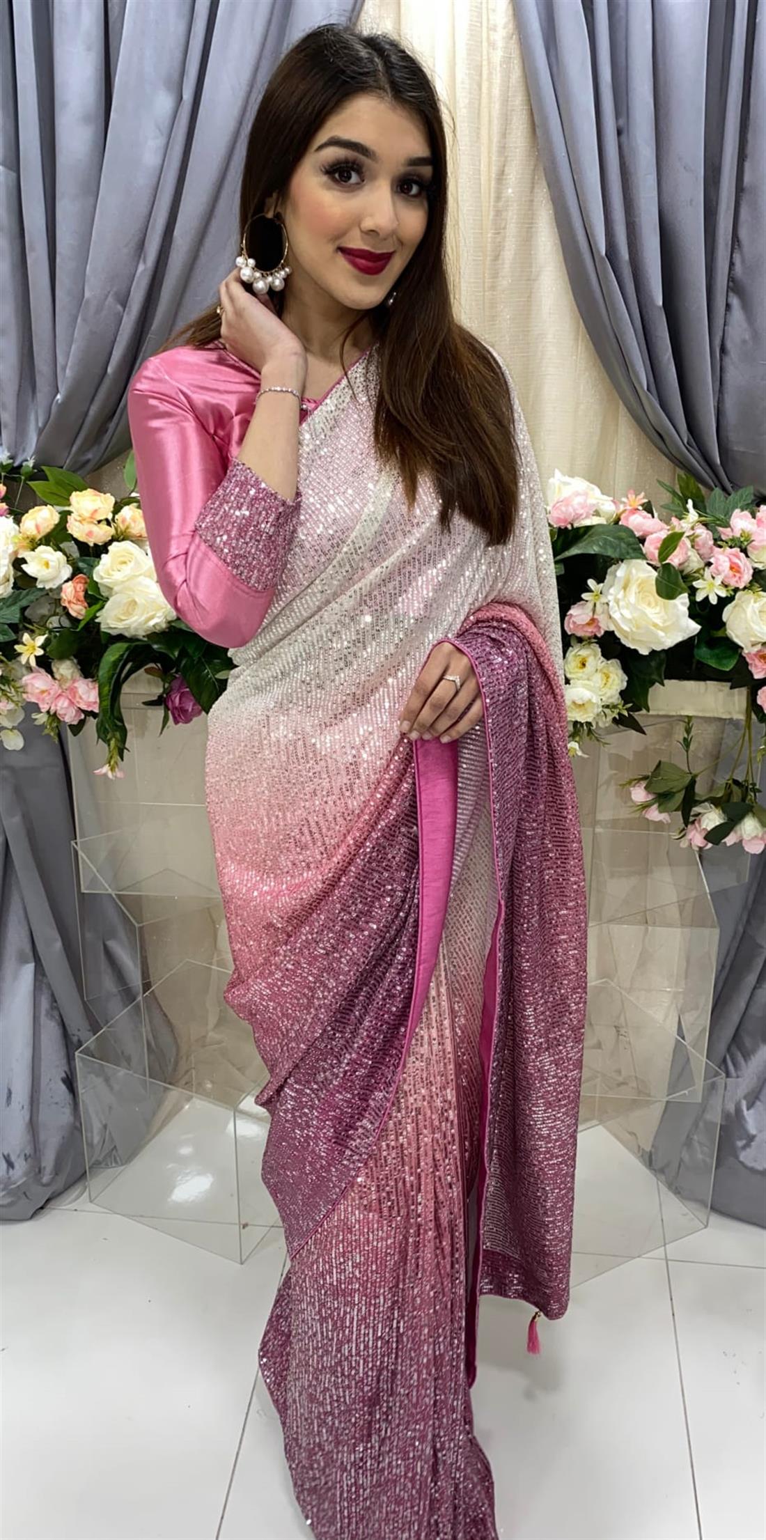 Dusty Pink & Offwhite Net Sarees