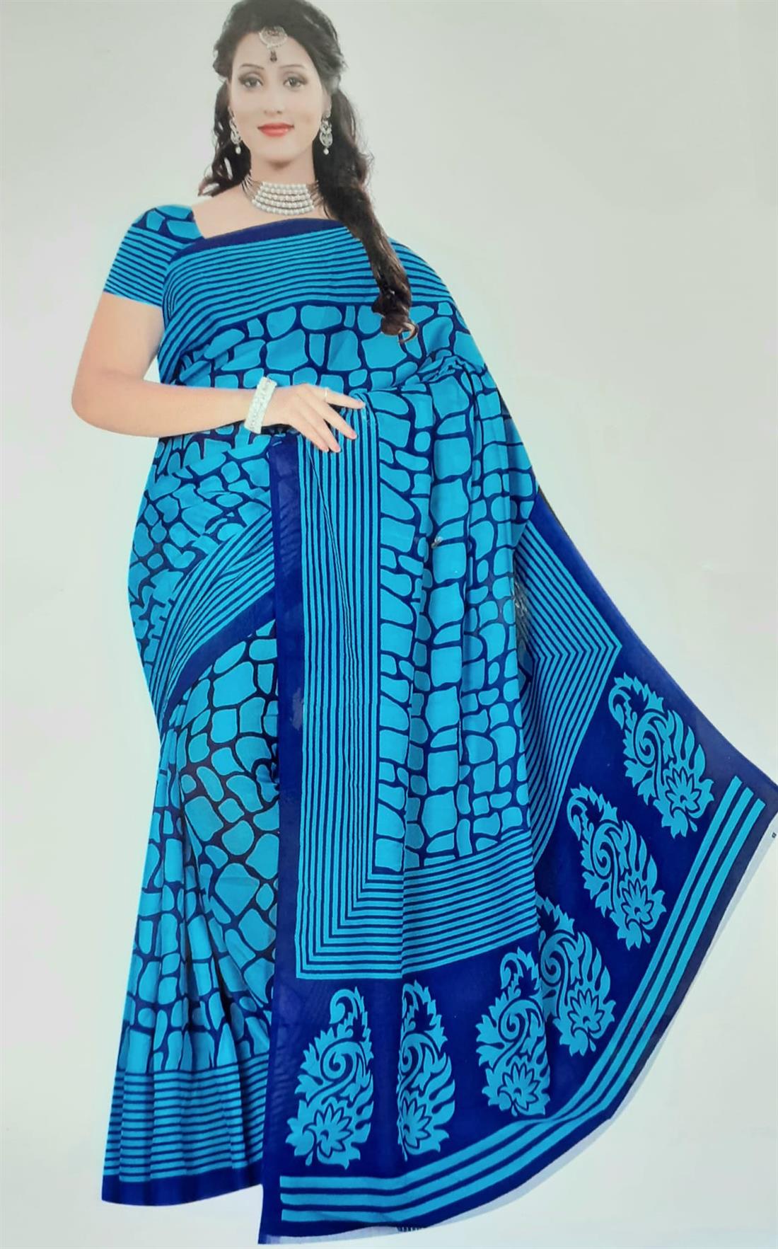 Blue LATEST: Digital Printed Georgette Saree Without Blouse.