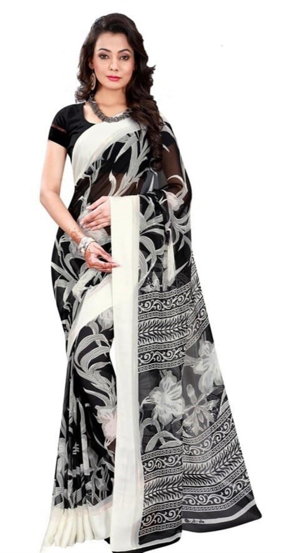 Black & White Printed Chiffon Sarees