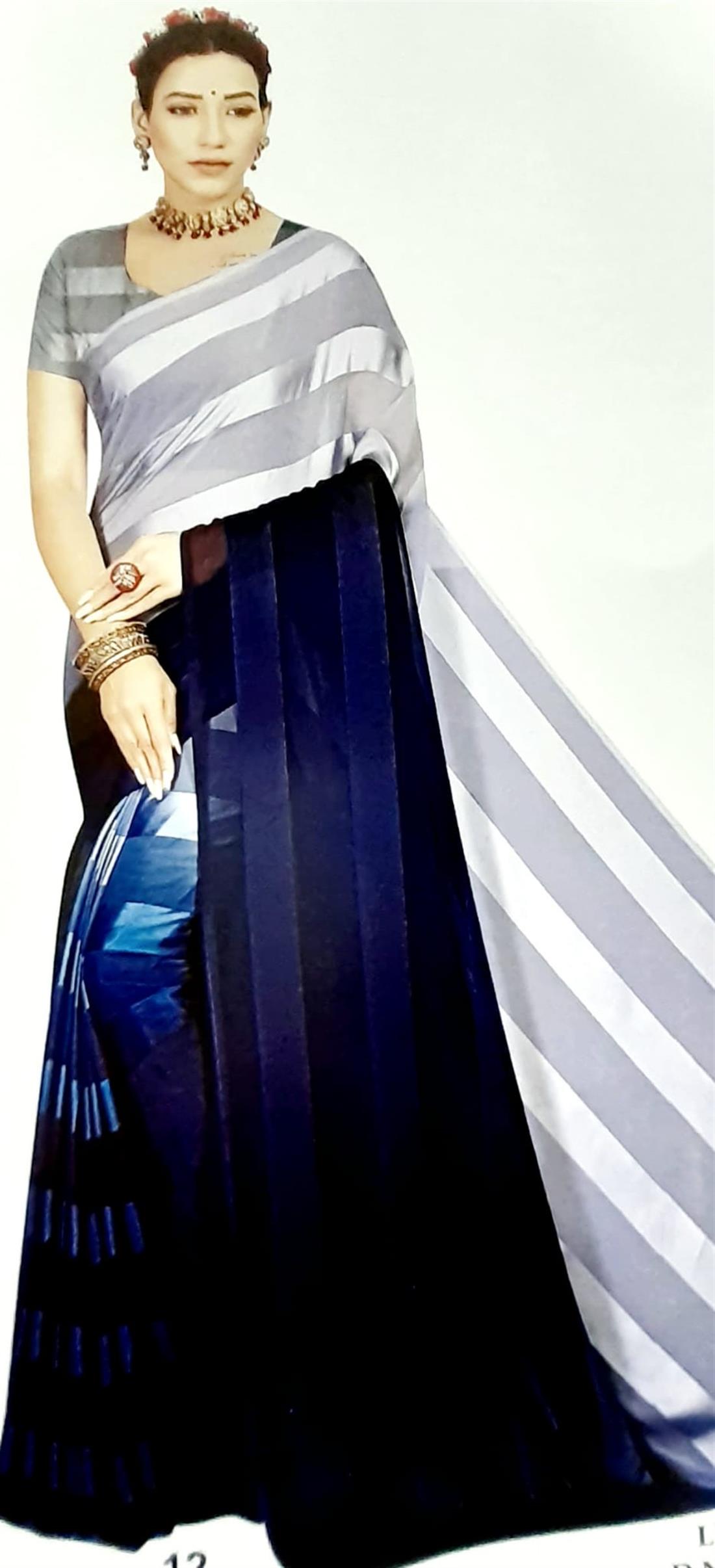 Navy & Grey Printed Chiffon Sarees