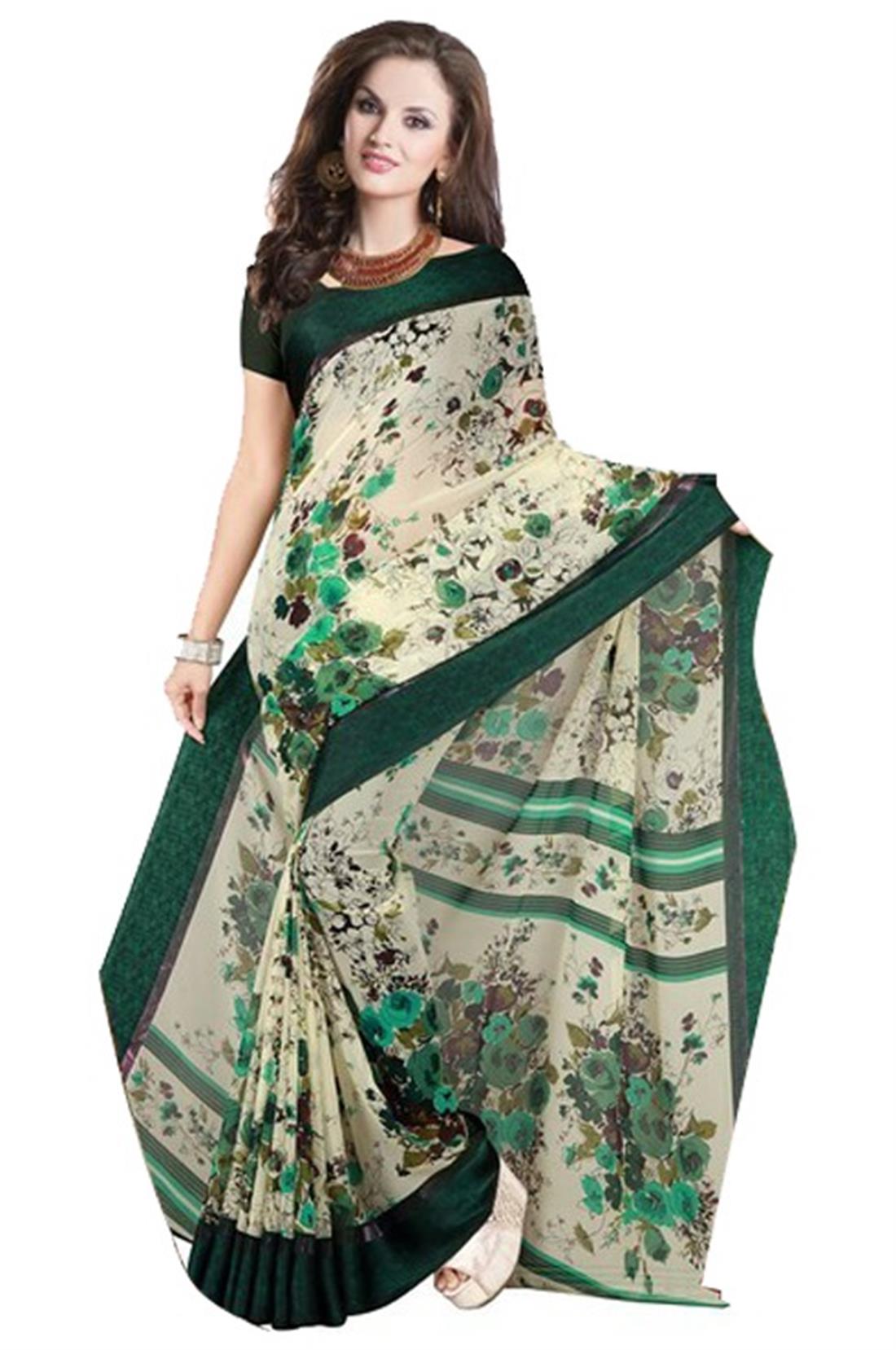 Cream & Green Printed Chiffon Sarees