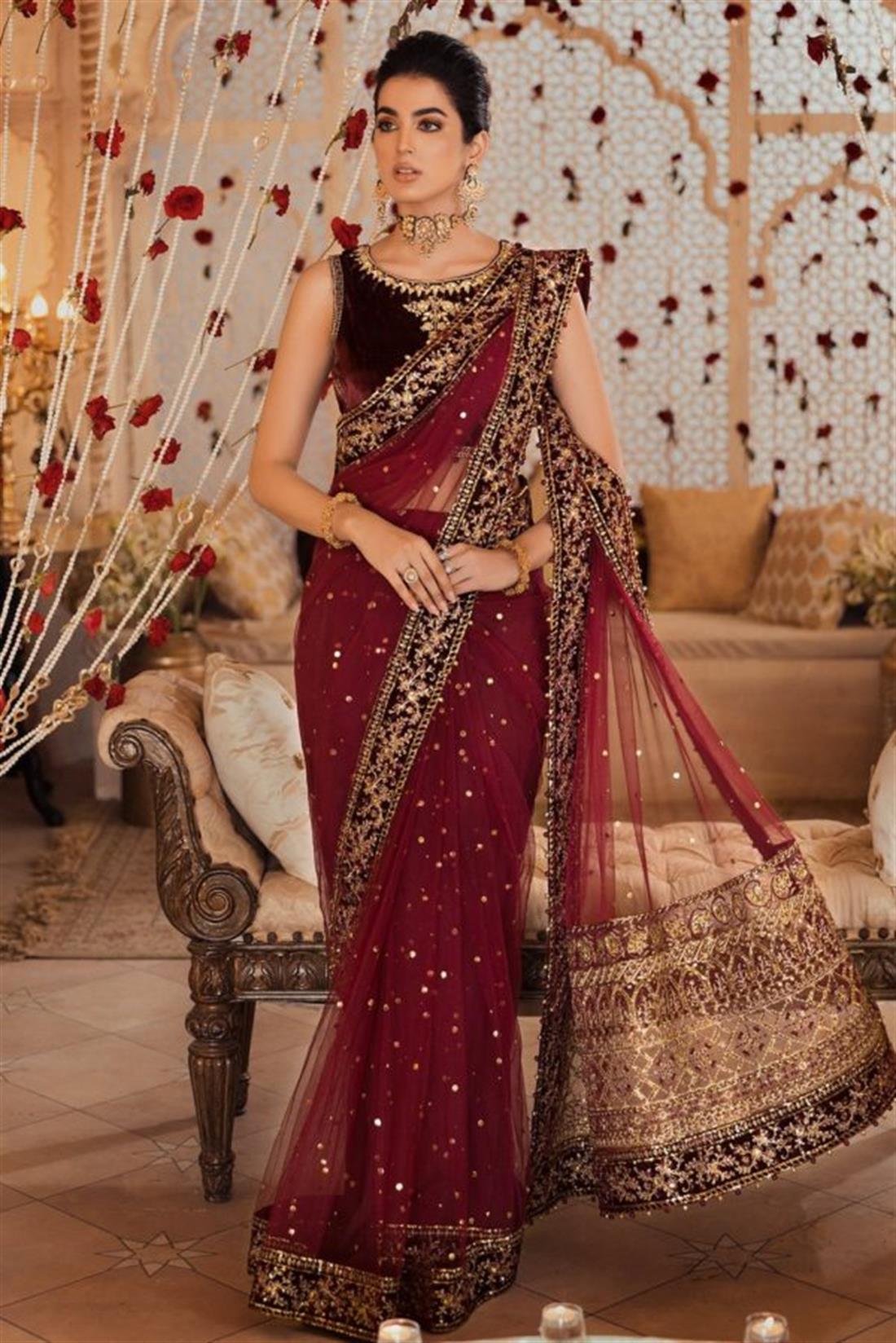 Maroon Embroidered Raw Silk Sarees
