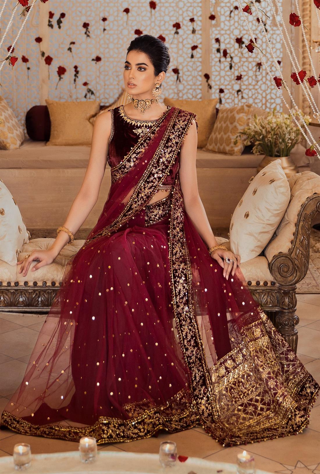 Maroon Embroidered Raw Silk Sarees
