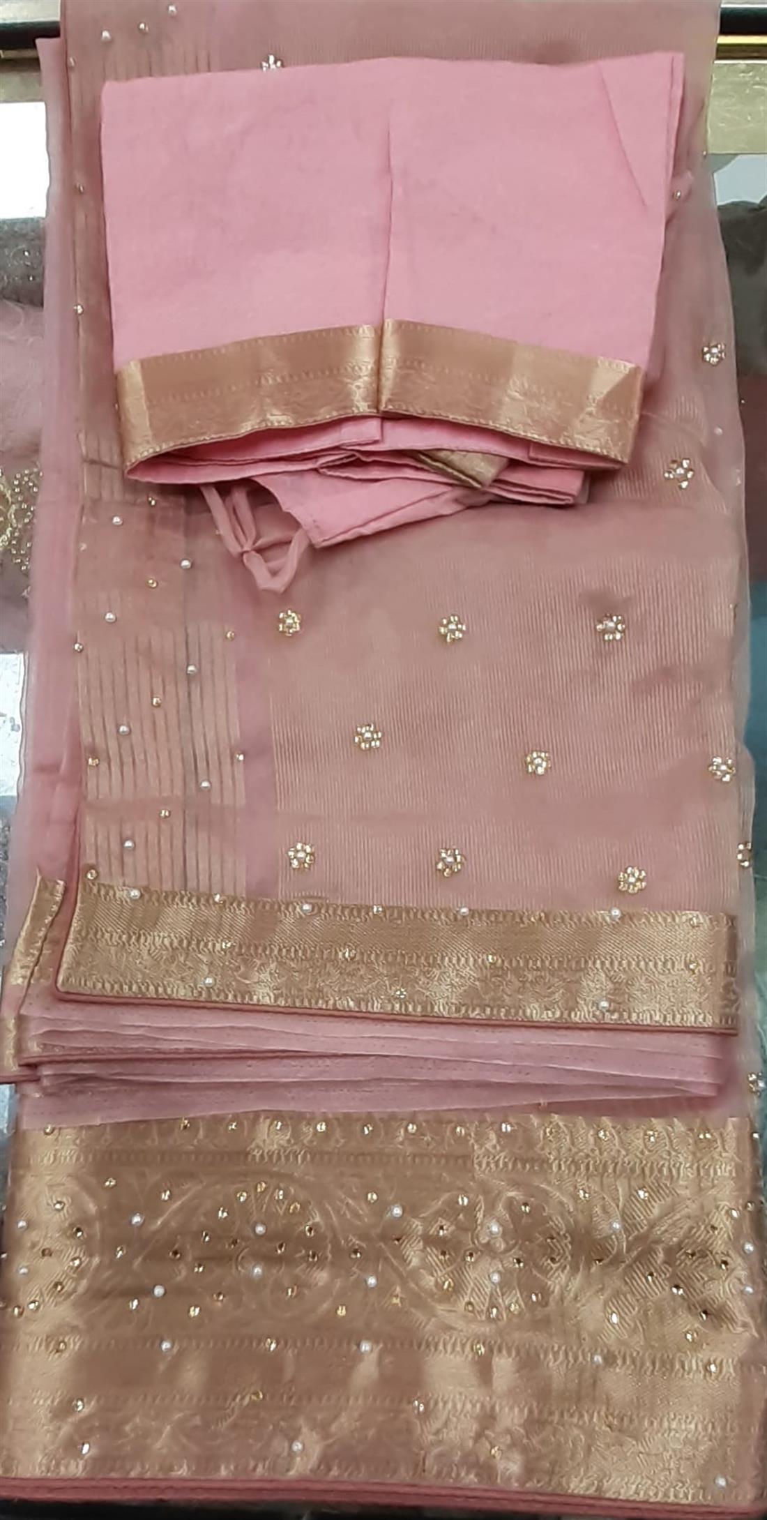 Dusty Pink Organza Saree with Zari Bid and Pearl Work Embroidary Border