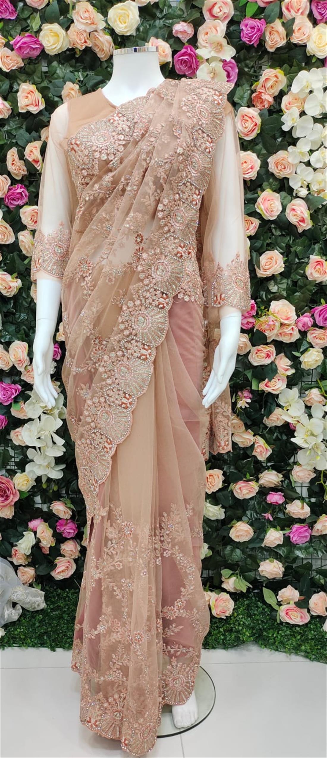 Peach Pink Beautifull Net Saree with Stone and Thread Work Embroidary