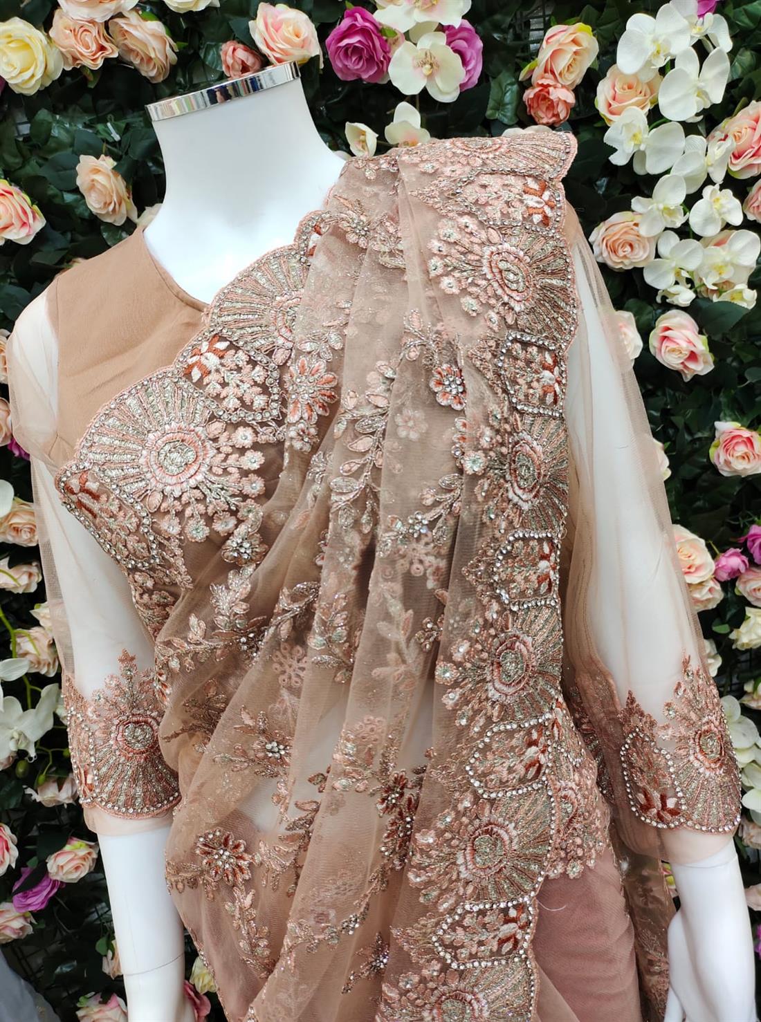 Peach Pink Beautifull Net Saree with Stone and Thread Work Embroidary